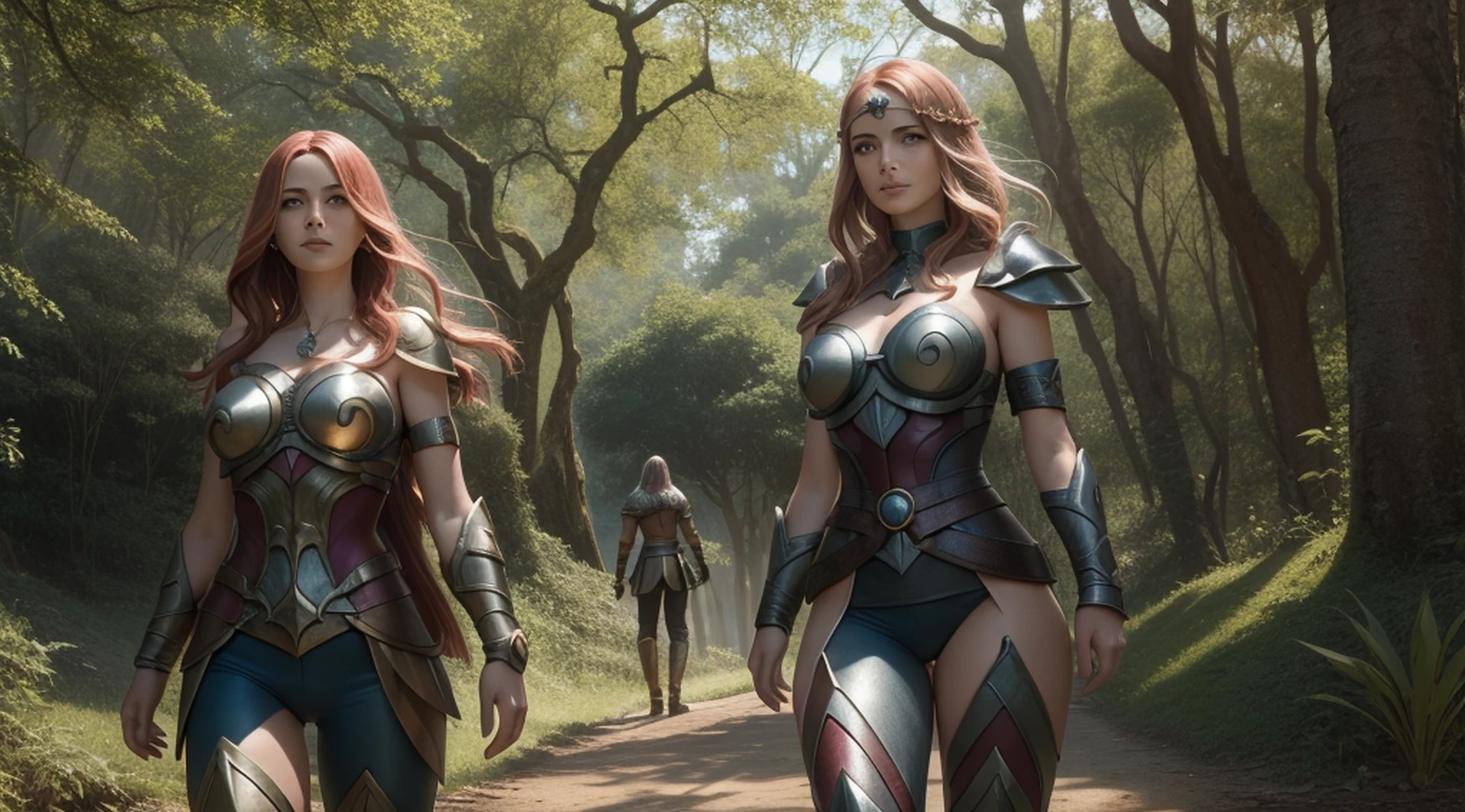 belo rosto descarrilado, sun sunset, uma jovem lindo, luxanna crownguard, league of legends, ((corpo inteiro)), 1girl, solo, cabelo loiro, olhos azuis, blue pants, bodysuit azul, bodysuit, impossible bodysuit, faixa de cabelo castanho, faixa de cabelo, cabelo longo, mangas longas, breastplate, pauldrons, armadura, Gold-Trim, armadura de ombro, obra-prima, papel de parede 8k, highres, fundo de alta qualidade, belo castelo, (sol), (magia: 1.2), deusa angelical, fantasia, eletricidade, brilho, hiper-detalhado, luz realista, hard lighting, detalhes intrincados, Illustration of a hyperrealistic scene, de outro mundo, Ultrasky with full body of a giant crystal tree, Very detailed and magical lighting, detalhes intrincados da floresta, vegetation and river around, solarpunk, paisagem, giant tree, beautiful leaves with beautiful lighting and realistic proportions, as if it were a cinematic background, 8k, max quality, obra-prima, Clouds and stars in the sky.