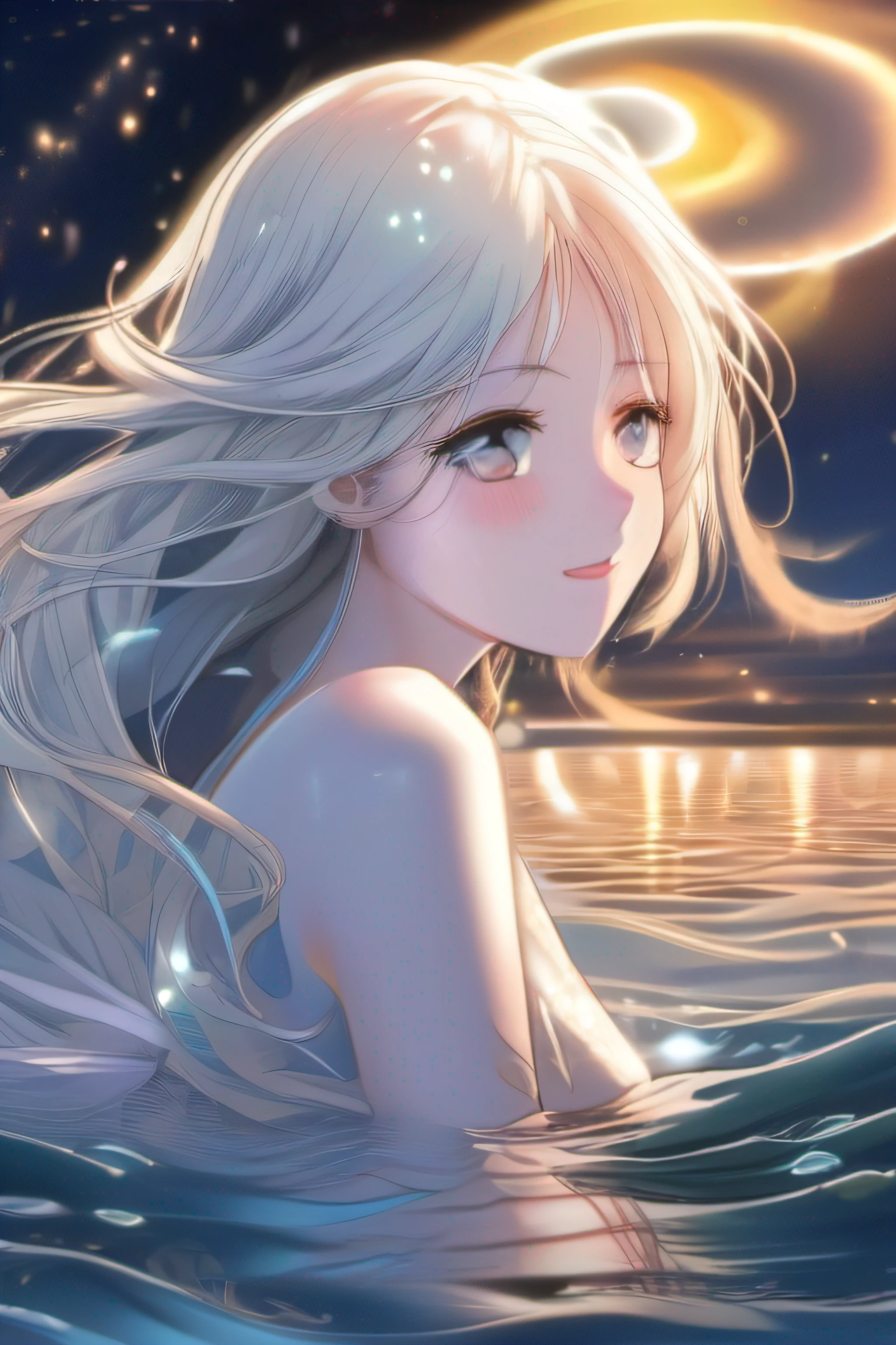 illustratio hight resolution Delicate face line beautiful countenance Beautiful eyes Correct placement Starry sky deep in the night Calm sea Shines blows wind ((mermaids)) hime mournful smile drifting in the sea Looking up to the sky splash water vague Long silver hair blows wind Tears