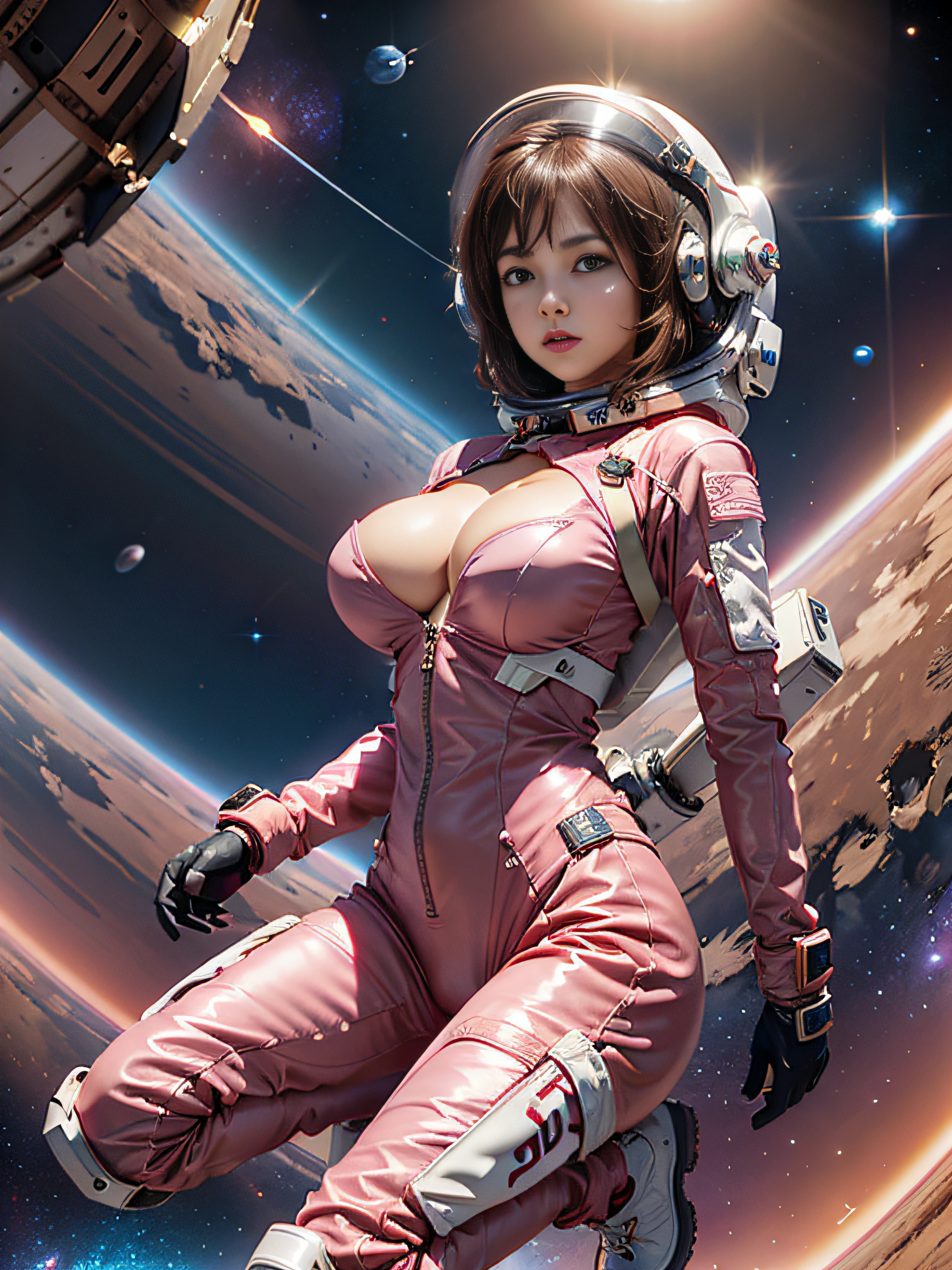 a  cute girl wears sexy pink astrosuit with helmet,(floating in a space background:1.2):1.5,masterpiece, best quality, (cinematic lighting), good hand,finely detailed suit, sharp focus,slim body,big breasts,sharp face