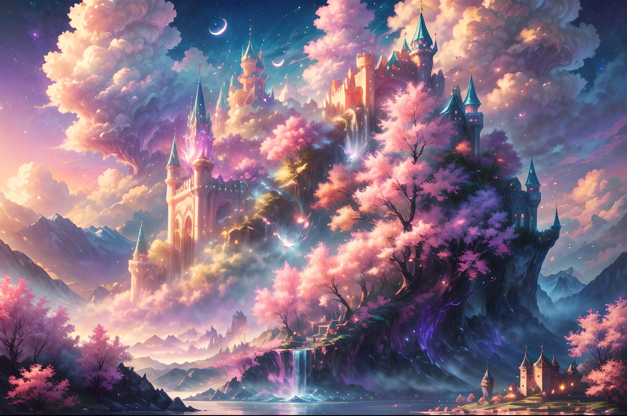 Generate a realistic fantasy landscape with beautiful, ornate romantic buildings, floating islands, crystalline waterfalls streaming from the floating islands, and a dreamy landscape of highly detailed flowers and dreamy watercolors. This is the (((romantic))) realm of the gods. (((The castles look like they are carved from shimmering marble, with distinct and complex details adding to their realism.))) Cotton candy clouds wisp into beautiful glittering stars across the colorful sky, with mesmerizing pink and purple celestial lights creating an enchanting atmosphere. Include many different levels and high visual interest. The environment is large and awe-inspiring, and this is a macro shot. The general ambience is peace, tranquility, and highly detailed sweetness. Include interesting fantasy elements with colors that complement the rest of the landscape. The sky should be very detailed. The landscape should very detailed. All buildings should be ornate with complex and intricate details. Include a luminous and magical atmosphere, magic bubbles, shimmering colors, many small fantasy details including iridescence, expertly created majestic landscapes, and shimmer and glimmer. Include lots of vibrant colors and vaguely surreal details. Camera: Utilize dynamic composition to create interest and excitement. CGI, unreal engine, unity engine, (((masterpiece))), high resolution, 8k, best quality, high quality, highres, 16, RAW, ultra highres, ultra details, finely detail, an extremely delicate and beautiful, extremely detailed, real shadow, anime, highly detailed painted, award-winning glamour painting, wonderful painting, art style, stylized