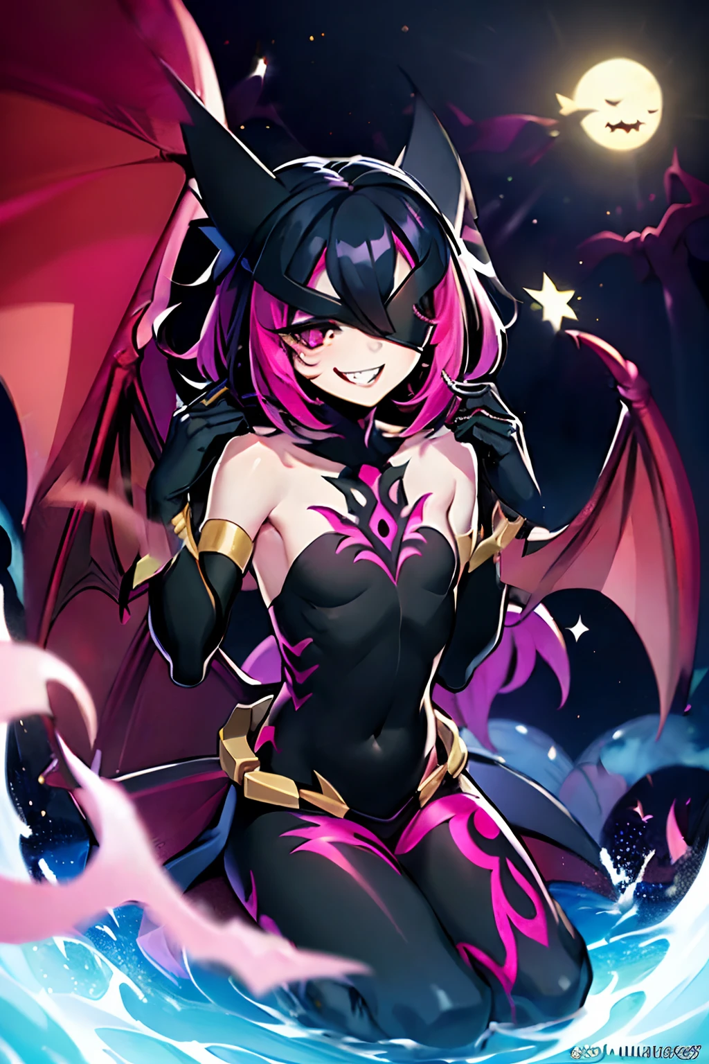 (masterpiece, best quality:1.2),solo, ((1boy)), ((lilia vanrouge as a Digimon)), Mischievous smile, looking at viewer, multicolored hair, black hair, streaked pink hair,((Bat)),(( fairy)), ((Demonic)), ((Pink and Black Body))digimon\(creature\),(( mask covering Eyes))
