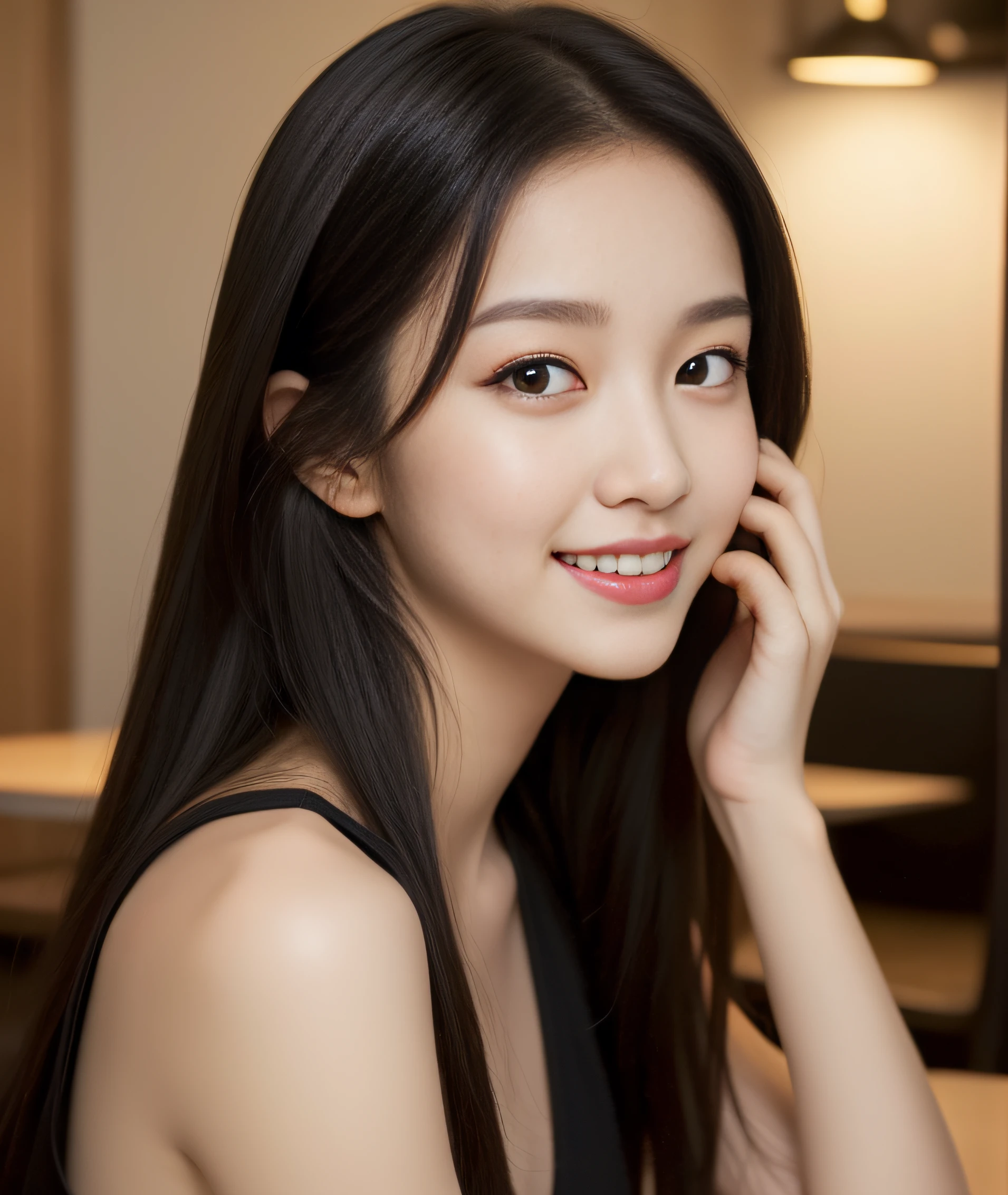 ((best quality, 8K, masterpiece: 1.3)), beautiful girl, pure, melon face, kind and cute, sweet smile, pure desire, slender body, (front), (tilted head), ((looking at camera) ), wearing a black suit, black silky medium hair, long flowing shoulders, round black big eyes, clear big eyes, moist red lips, sweet, sitting in a cafe, cafe background , (((whole body))),
