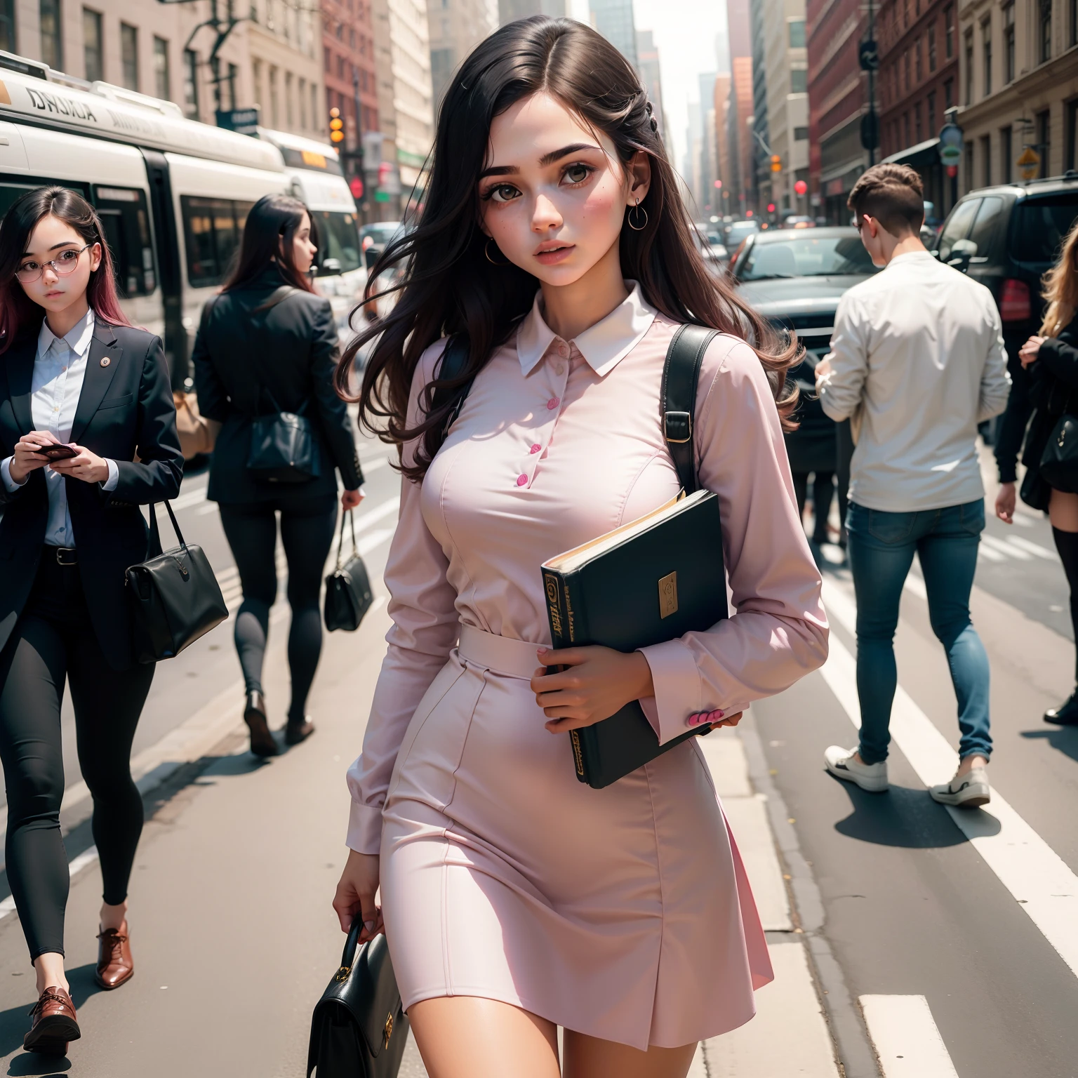 Crie uma imagem de uma jovem elegante usando um vestido rosa em uma das ruas movimentadas de Nova York, holding a Bible with confidence
