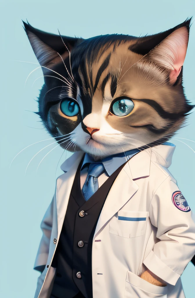 Generate cute cat animal images in cartoon style。by Dr....、I'm wearing a lab coat。　Cute eyes　High percentage of black eyes　Erase the mark on your arm