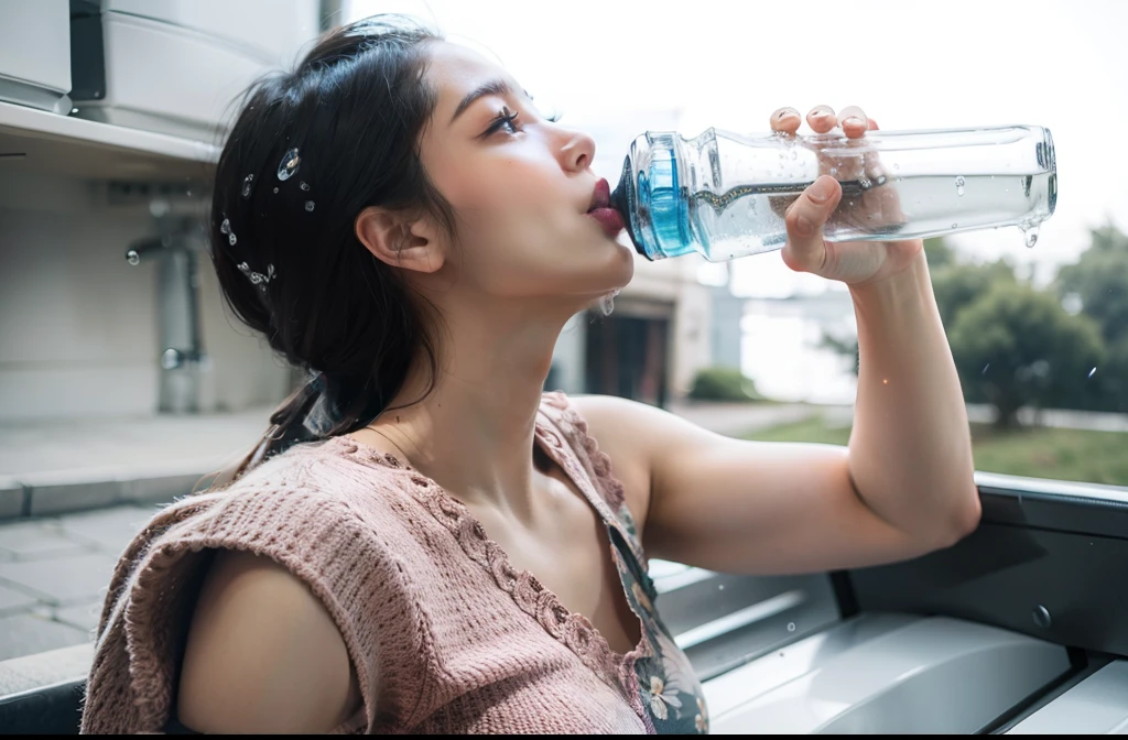 woman drinking water , realista, bem sombrio,Dark Lighting and Dark 4k