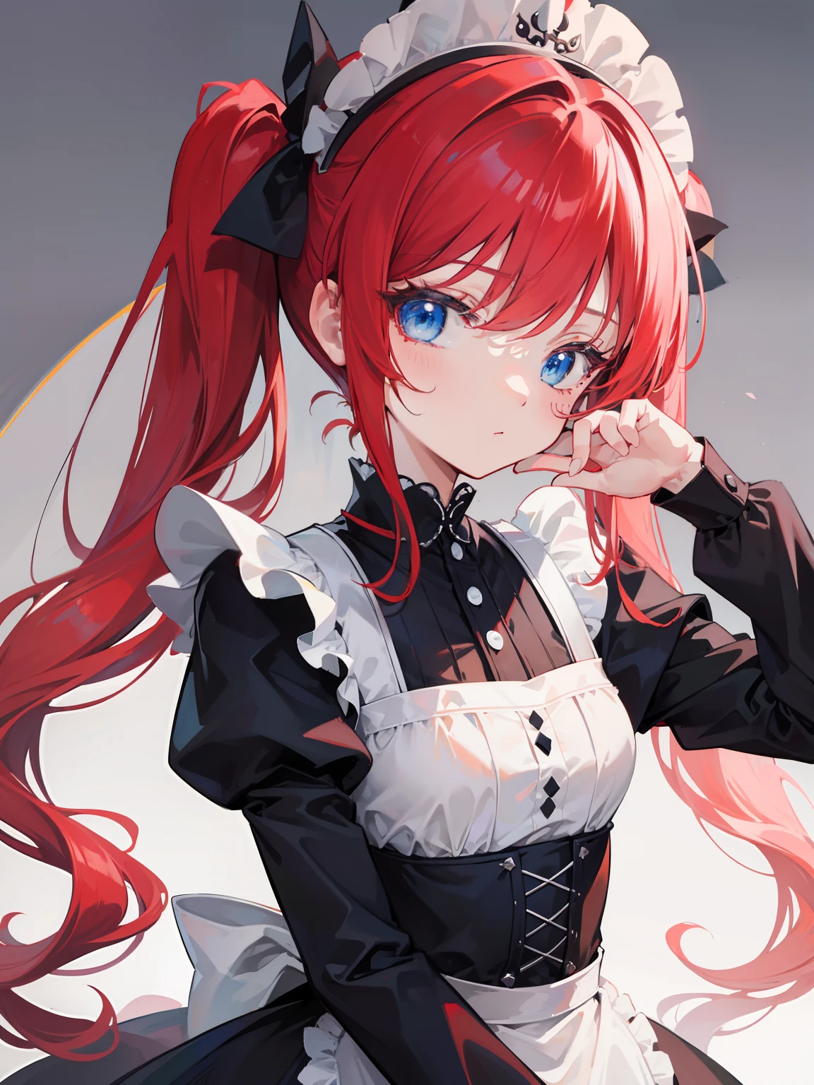 {{best quality}}, {{masterpiece}}, {{ultra-detailed}}, {illustration}, {detailed light}, red hair,blue eyes,twintails,maid, long hair, long sleeves, gothic, solo, loli
