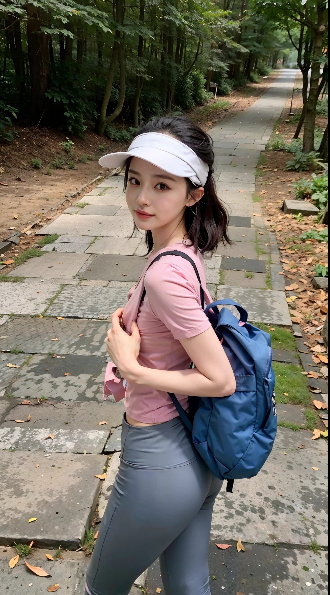 Wearing a pink shirt and(Gray leggings),Arad woman carrying a backpack, photo of slim girl model, photo of slim girl, Korean girl, with a backpack, Gorgeous young Korean woman, xintong chen, Open V chest clothes, 2 4 year old female model, korean women's fashion model, Beautiful young Korean woman, Choi Hyun-hwa