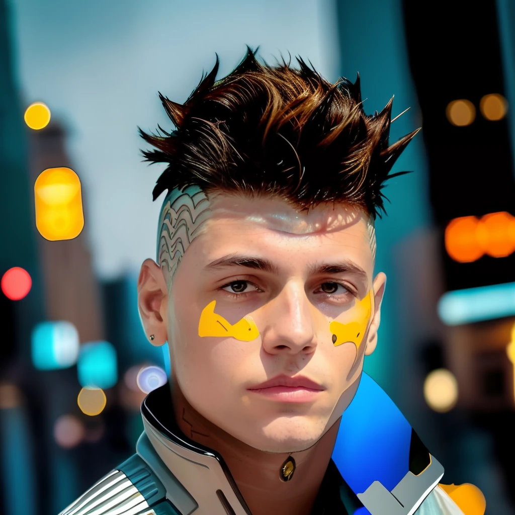 RAW photo, a close up portrait photo of 20 y.o 1boy, solo, realistic,shirt,jacket, cyberpunk, spiked hair,brown hair, yellow jacket, background is city ruins, (high detailed skin:1.2), 8k uhd, dslr, soft lighting, high quality, film grain, Fujifilm XT3, highly detailed background