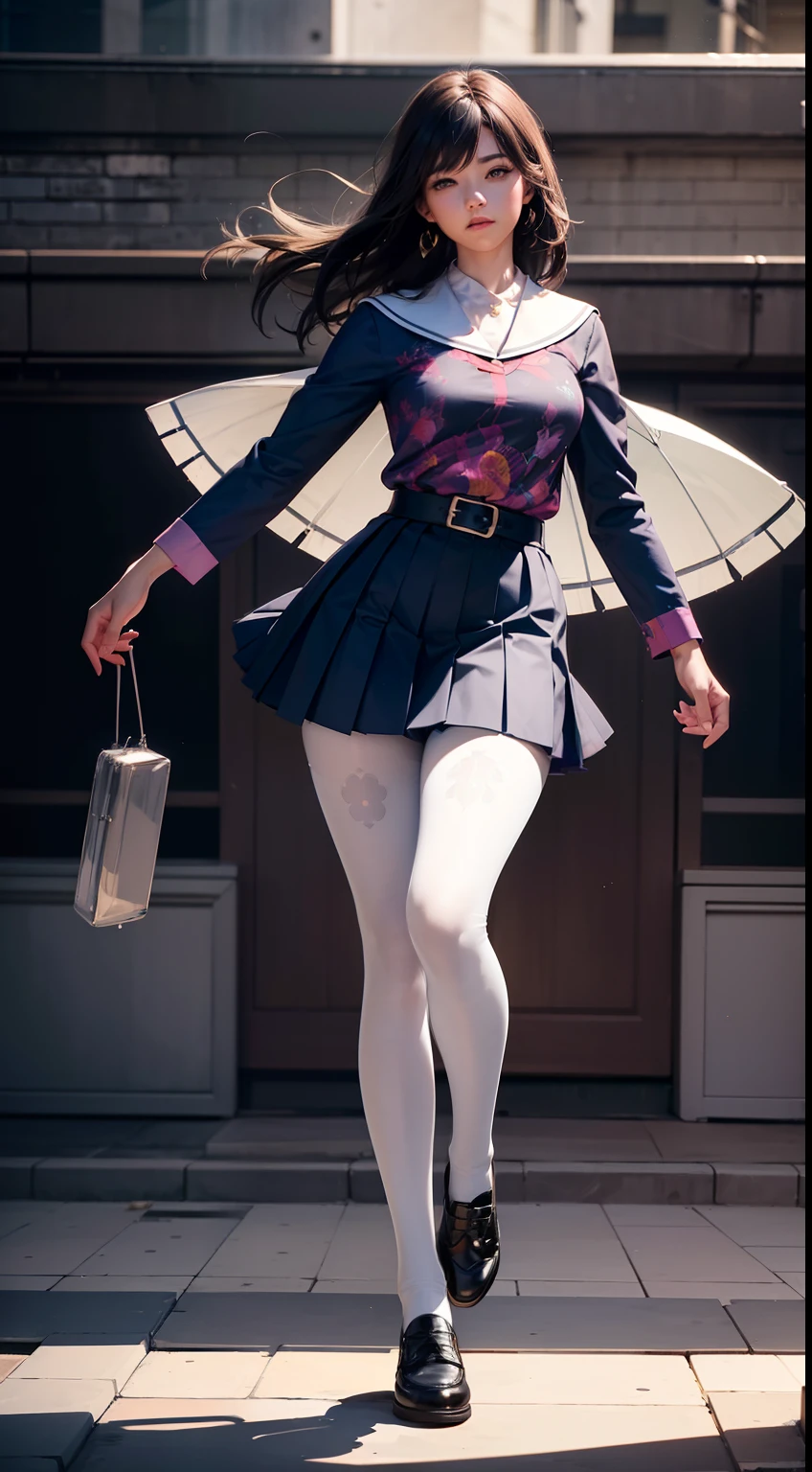 (full body:1.5),(looking at viewer:1.4),(anatomy correct:1.3),(In the paradise of the day:1.3),(Wearing Very thick Printed Pantyhose and JK Student Dress Printed Pleated Skirt and JK uniform leather shoes :1.3), (A high jump posture:1.3),(In pink|amarelo|blue colors|green color|red colour|white colors|black in color|purpleish color|greys|Beige|Flesh color 1.4),,(Accurate and perfect face:1.4),(Clothing Gloss:1.25),(Skin reflection:1.25),hyper HD, Ray traching, reflective light,structurally correct, Award-Awarded, high detal, lightand shade contrast, Face lighting,cinmatic lighting, tmasterpiece, super detailing, high high quality, high detal, best qualityer, 16k,high contrast,