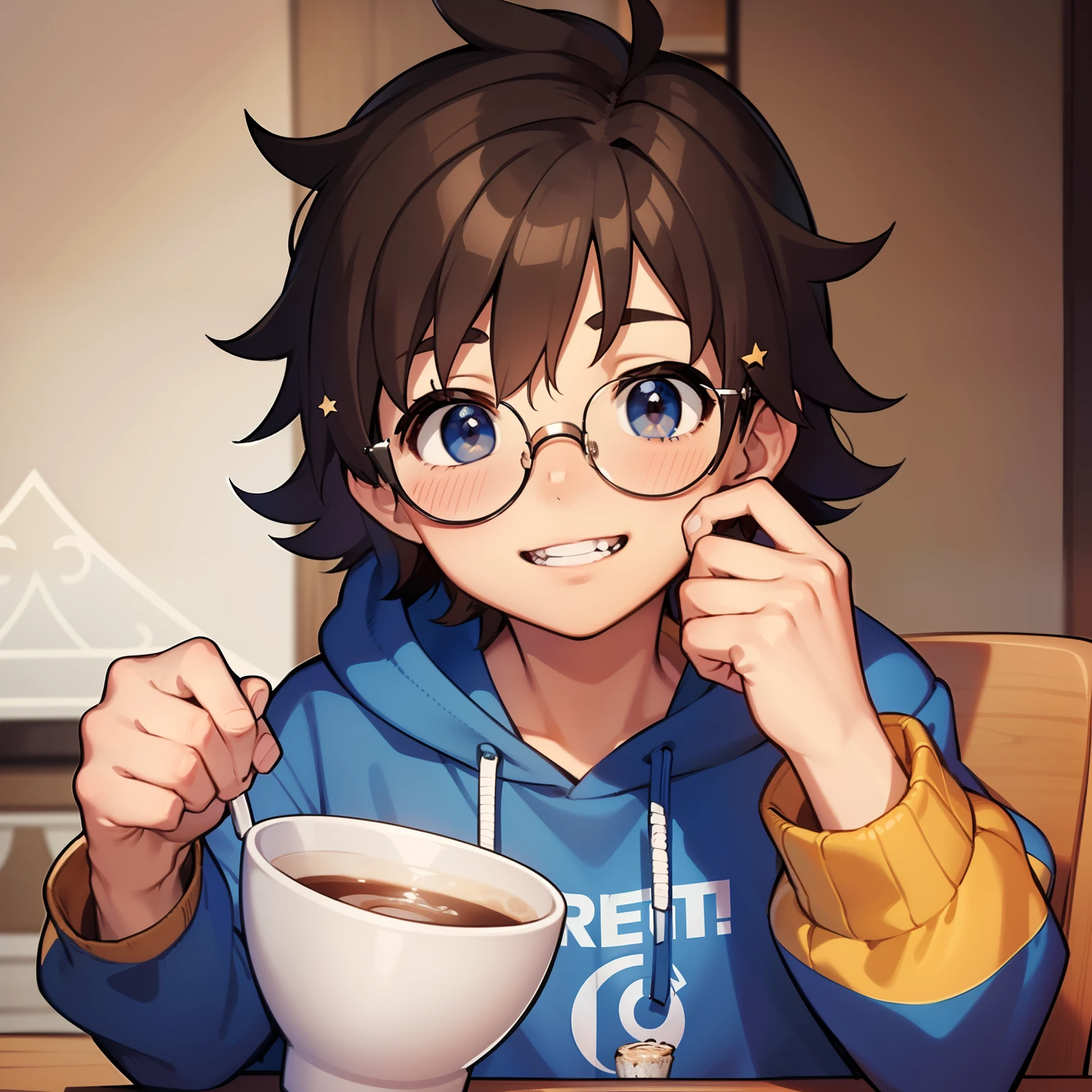 a man wearing blue sweatshirt sitting at a computer, 1boy, male focus, solo, long brown hair, glasses, looking at viewer, messy hair, hood, armchair, broad shoulders, (shaggy brown hair), brown eyes, smile, perfect teeth, drinking hot coffee, ((round face)), ((chubby cheeks)), 20 years old