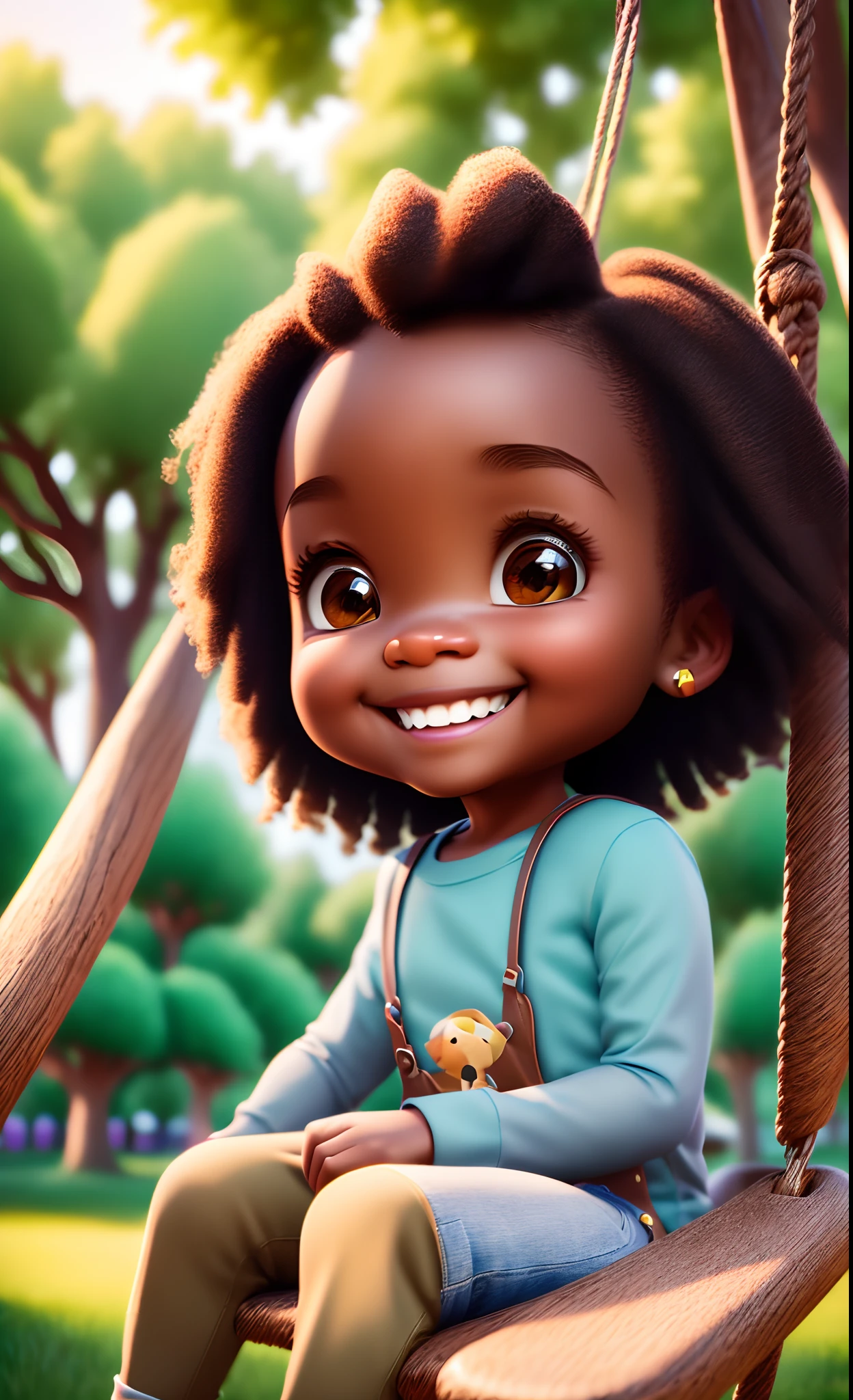 3D rendering of a 1 year old girl ((solo)), (crisp, perfect facial features), asymmetrical face, kind eye, (dark brown skin tone), cute, afro-alpine, cute smile, ((sitting on a swing in the park )), ((chibi) ) wearing t-shirt and jeans, current fashion, long hair with princess accessories, ((from under a tree)), park background, sunset, close-up, product view, detailed detail, pixar style, (((model face))), trend art, sharp detail, cgsociety, very high quality digital art, exquisite hyper detail, 4k, 8k soft lighting, dreamy, fashion, unreal engine rendering :3