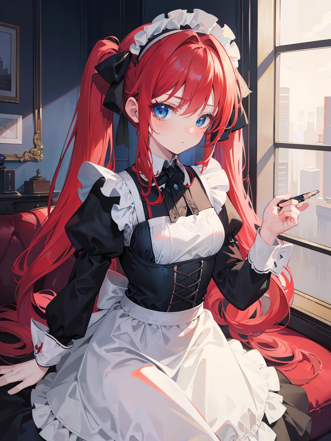 {{best quality}}, {{masterpiece}}, {{ultra-detailed}}, {illustration}, {detailed light}, red hair,blue eyes,twintails,maid, long hair, long sleeves, gothic, solo, loli