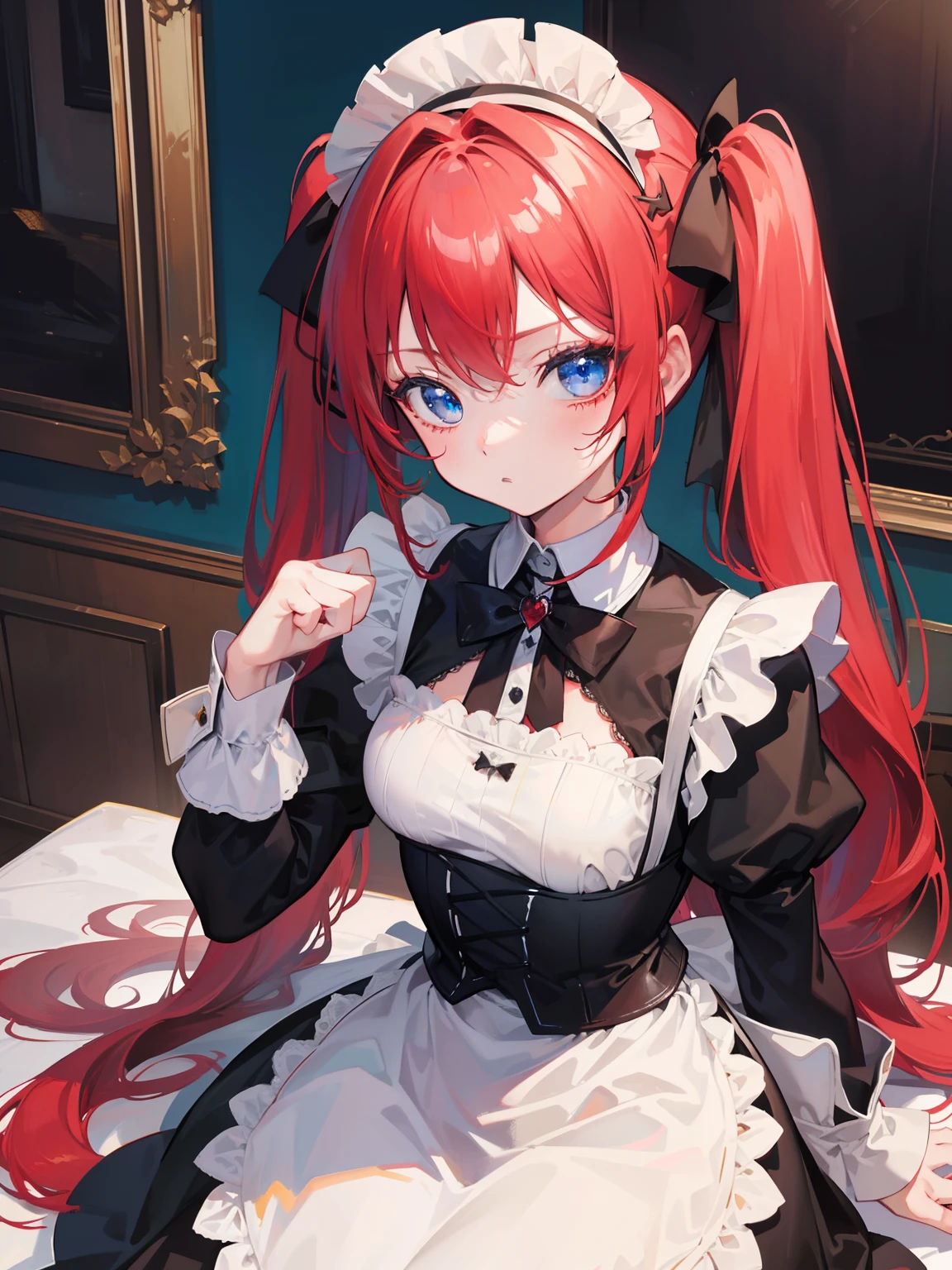 {{best quality}}, {{masterpiece}}, {{ultra-detailed}}, {illustration}, {detailed light}, red hair,blue eyes,twintails,maid, long hair, long sleeves, gothic, solo, loli