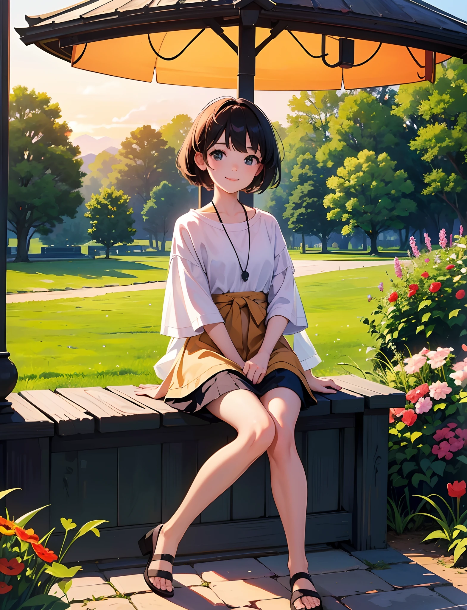 A happy little girl，Dressed in casual attire，Sit in a gazebo in the park，Flowers and plants in the background，Sunset and sunset，Face the camera，Full body photo，Ultra-high definition