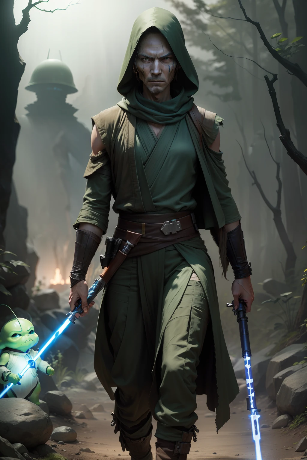 StarWars、jedi knight、Yodawind、slender physique、Lightsaber in hand、Green body、Righteous heroes、Spooky alien landscape、