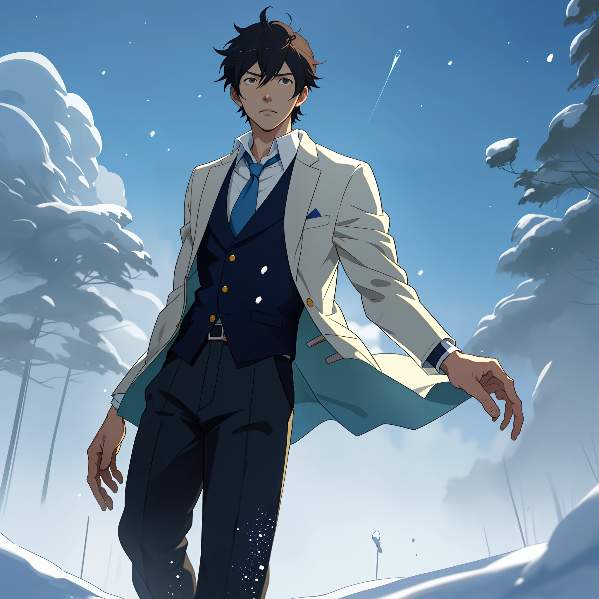 A brown-haired man in a blue tie and white suit strides through the snow,He is an anime character from the works of Makoto Shinkai and Ryuta Ueda。He exhibits the Nobuo beauty of official art,handsome and attractive,Inspired by Sugiura Jade、koyoharu gotouge、Works by Tohisa Okumura and Takushiro Hinata。