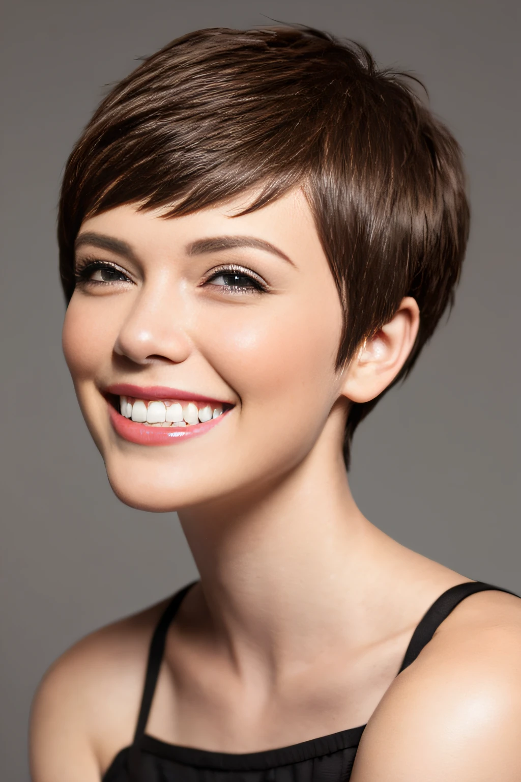a pixie cut A big smile