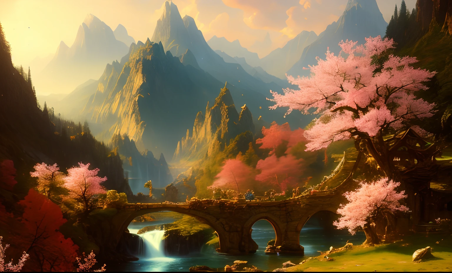 ChromaV5, nvinkpunk,(Extremely detailed Cg Unity 8K wallpaper), Majestic mountain landscape,Peach blossom tree, wood bridges,tree house,lawns,waterfallr,Surrounded by intricate lush pink peach trees, award winning photography, (Cinematic lighting),color difference, Detailed , hdr, full bloom,majestic oil painting by , Thomas Cole, Frederic Church, and Albert Bierstadt ,trending on artstationh, trending on CGSociety, Intricate, High detail, Dramatic, art by midjourney