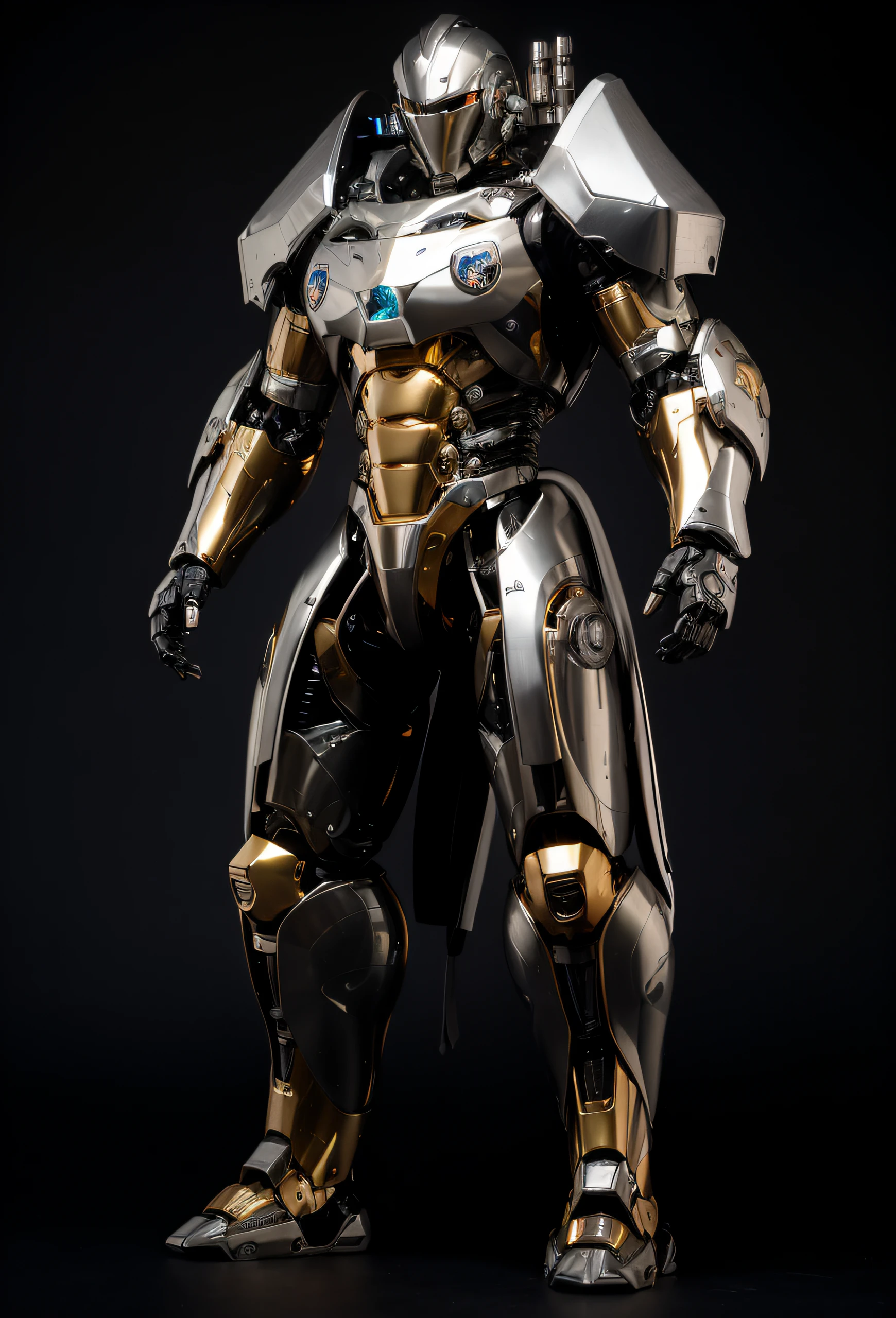 full body view of a robot with a helmet on standing, robot metallic armor, mecha suit, silver and gold heavy armor, stylish cyborg armor, sci - fi armour! muscular, full body mecha suit, chrome armor, futuristic armor, metallic armor, cyborg armor, full cybernetic combat suit, warrior platinum armor, mecha armor, mech suit
