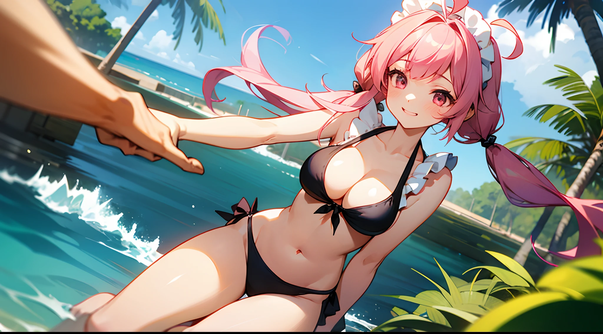 1 girl, game CG, black string bikini with sleeveless frills, cleavage visible, navel visible, maid's hair accessory, maid's small apron, gigantic breasts, pink hair, long hair, low twintails, princess hairstyle, ahoge, pink eyes, ocean, sandy beach, trees, happy, reaching out,