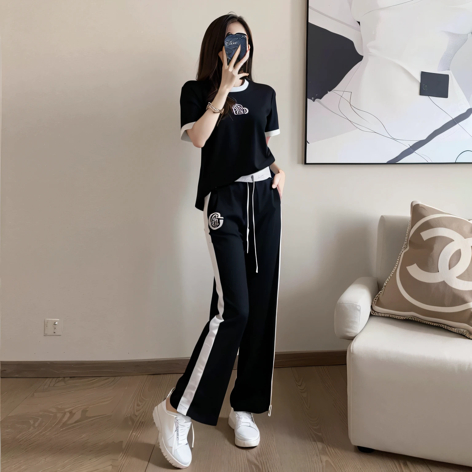 A woman in a black blouse and pants stands in front of a painting, High quality material BSSRDF, 2 0 2 0 fashion, ( Ivory white ), High quality], White and black clothing, casual black clothing, casual modern clothing, 8K)), black, designer, 8 k'' ), gucci clothes, Black and white clothes, high - end, high end