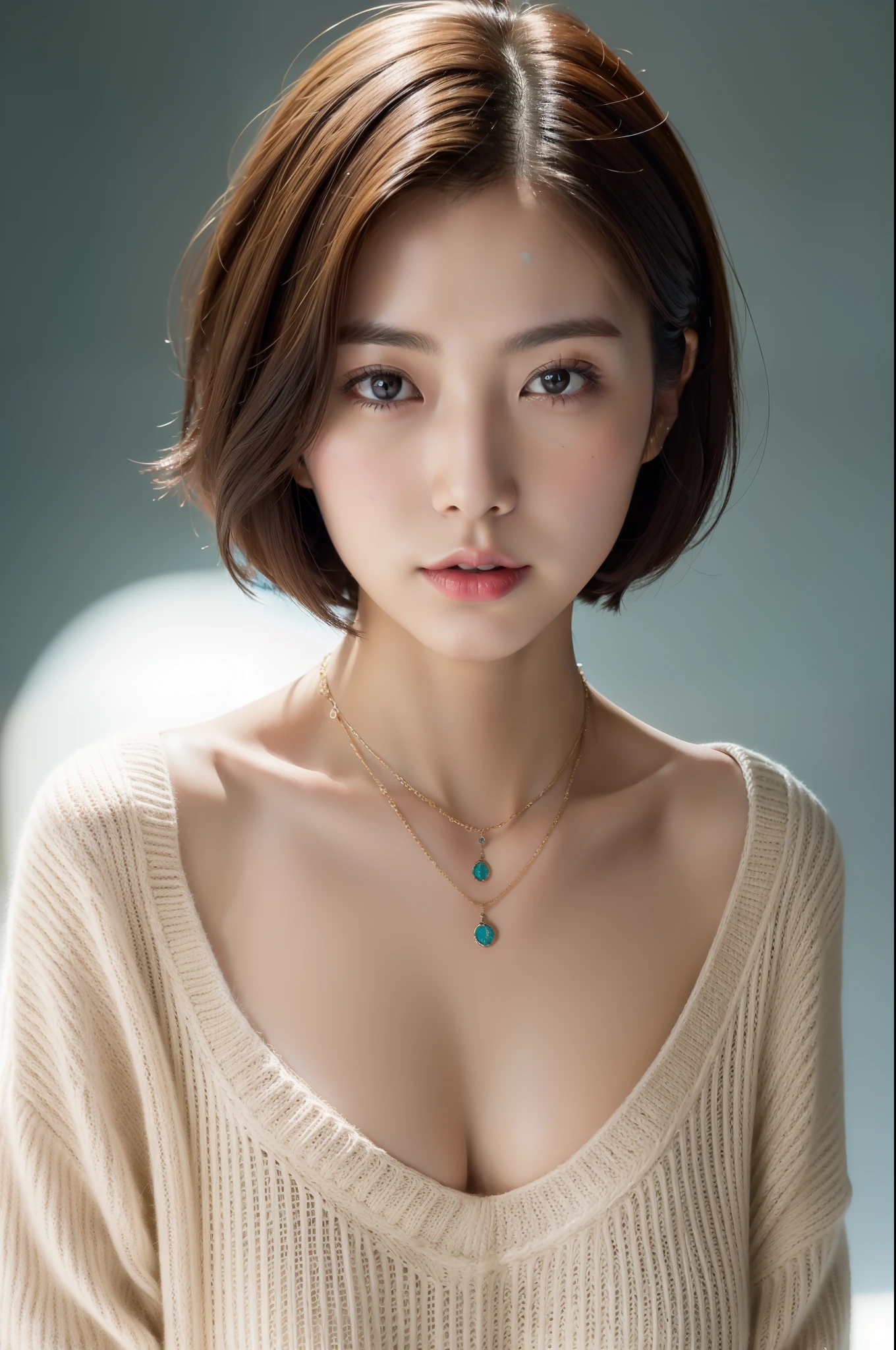 (Best quality, 8k, 32k, Masterpiece, UHD:1.2),Photo of Pretty Japanese woman, large breasts, very short bob hair,upper body,face focus,oversized_sweater, necklace, simple background, from above, looking at viewer,