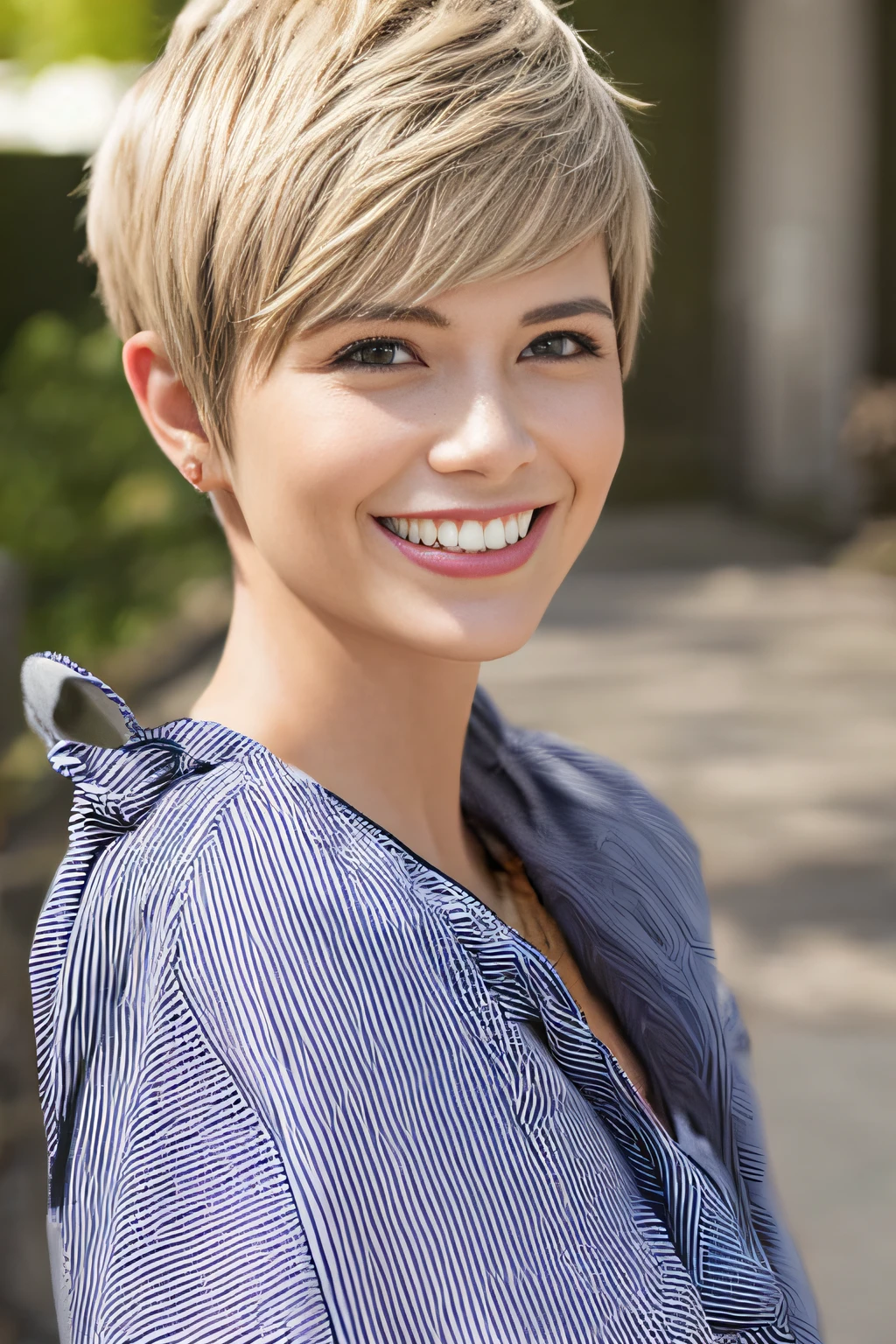 a pixie cut　A big smile