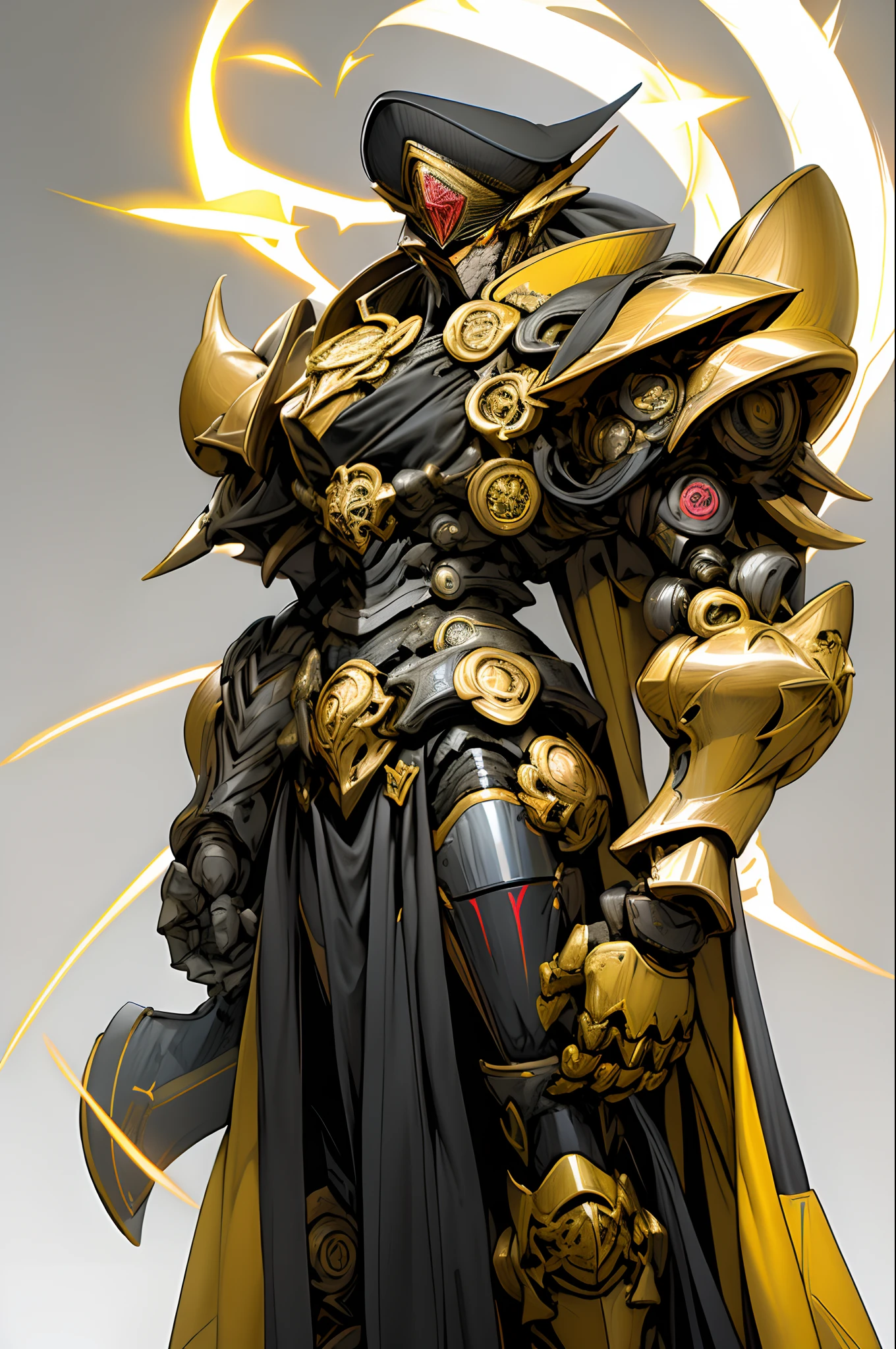 armaduras do e amarelo ,his hands hold a broad spear of heavy armor, ali_Smoll,kalap,rmilitary uniform Amarelo, uma luz vermelha ardente: 1.2, os olhos emitem luz vermelha deslumbrante: 0.8, desenho bidimensional 3D, The yellow military robe near his shoulders sways in the wind, desenho de anime, Chiaroscuro, efeitos especiais de luz, mecha detalhado e requintado, Military cap on head, fonte de luz nos olhos,  Retrato frontal, corpo inteiro