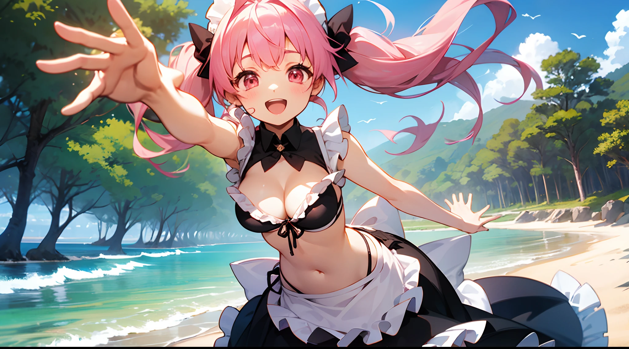 1 girl, game CG, black string bikini with sleeveless frills, cleavage visible, navel visible, maid's hair accessory, maid's small apron, gigantic breasts, pink hair, long hair, low twintails, princess hairstyle, ahoge, pink eyes, ocean, sandy beach, trees, happy, reaching out,