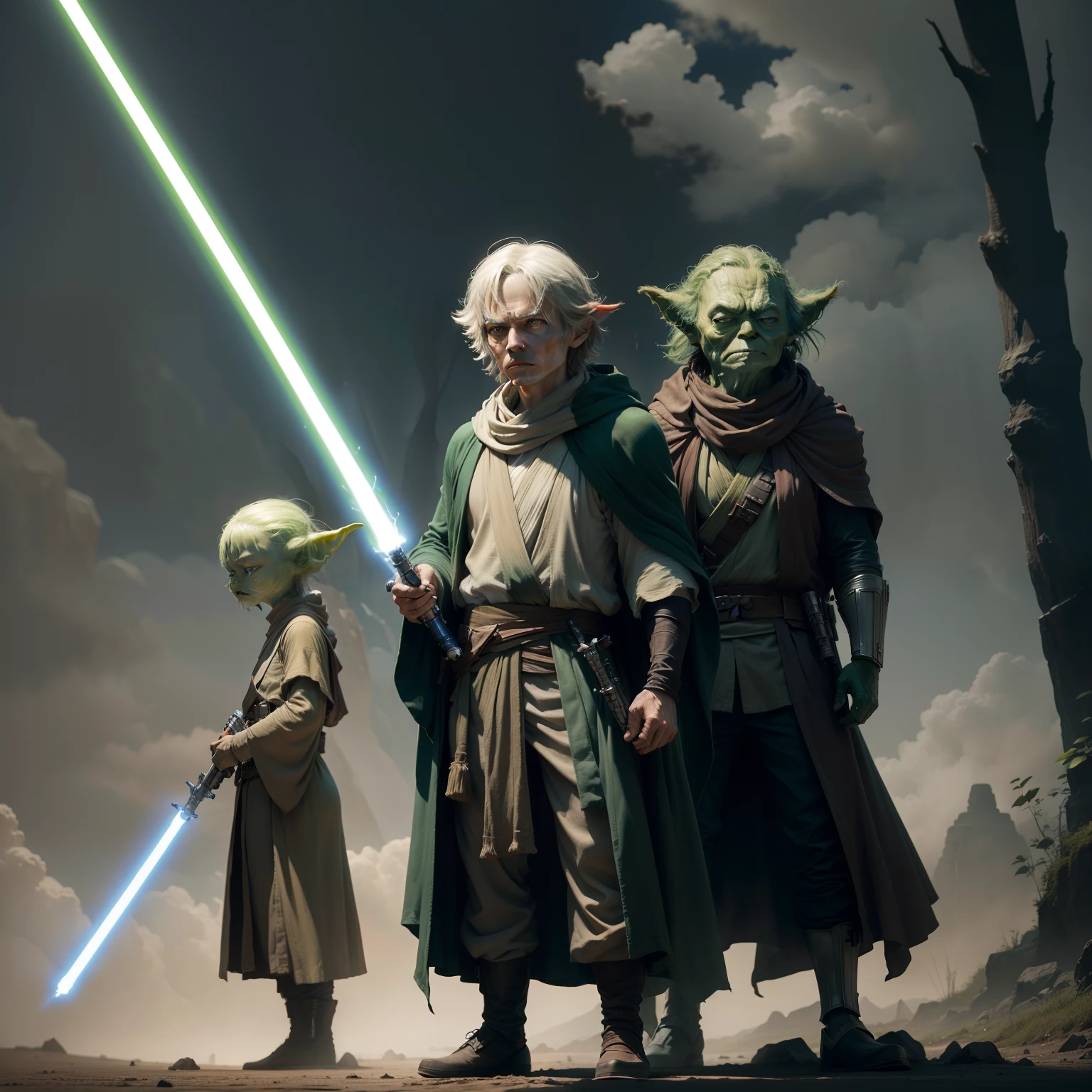 StarWars、jedi knight、Yoda Wind、Slender physique、Lightsaber in hand、Green body、Righteous heroes、Spooky alien landscape、
