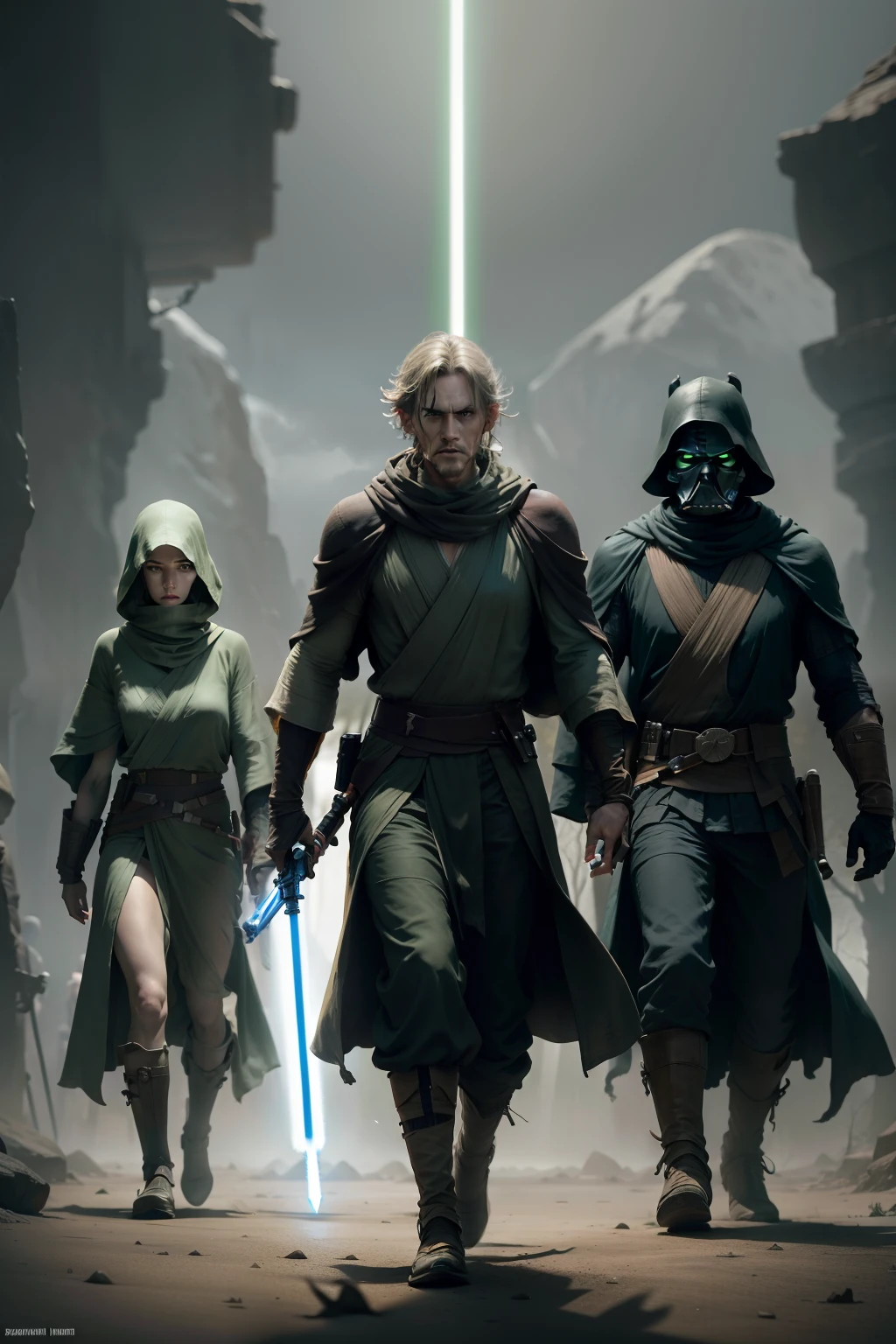 StarWars、jedi knight、Yodawind、slender physique、Lightsaber in hand、Green body、Righteous heroes、Spooky alien landscape、