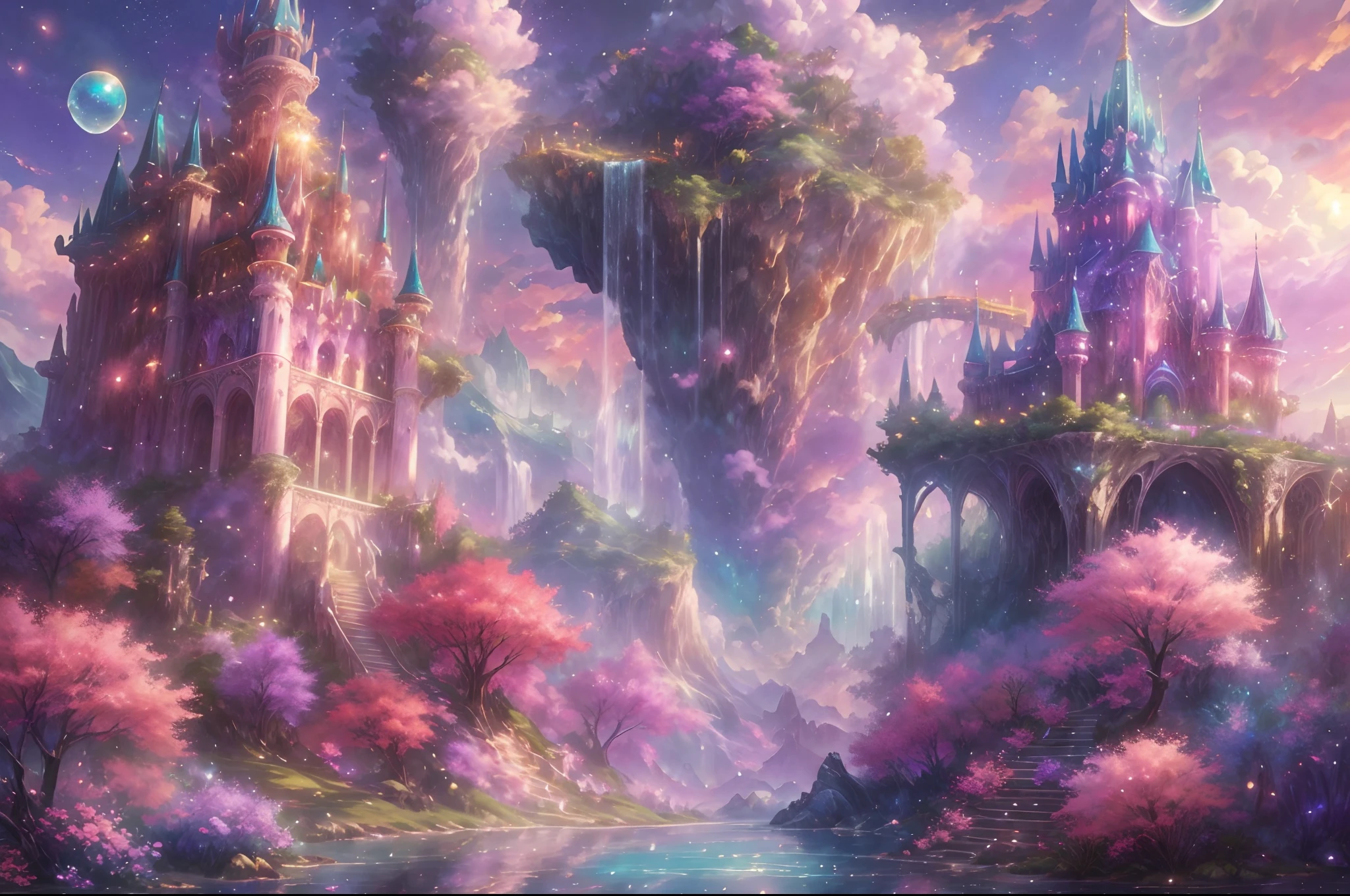 Generate a realistic fantasy landscape with beautiful, ornate romantic buildings, floating islands, crystalline waterfalls streaming from the floating islands, and a dreamy landscape of highly detailed flowers and dreamy watercolors. This is the (((romantic))) realm of the gods. (((The castles look like they are carved from shimmering marble, with distinct and complex details adding to their realism.))) Cotton candy clouds wisp into beautiful glittering stars across the colorful sky, with mesmerizing pink and purple celestial lights creating an enchanting atmosphere. Include many different levels and high visual interest. The environment is large and awe-inspiring, and this is a macro shot. The general ambience is peace, tranquility, and highly detailed sweetness. Include interesting fantasy elements with colors that complement the rest of the landscape. The sky should be very detailed. The landscape should very detailed. All buildings should be ornate with complex and intricate details. Include a luminous and magical atmosphere, magic bubbles, shimmering colors, many small fantasy details including iridescence, expertly created majestic landscapes, and shimmer and glimmer. Include lots of vibrant colors and vaguely surreal details. Camera: Utilize dynamic composition to create interest and excitement. CGI, unreal engine, unity engine, (((masterpiece))), high resolution, 8k, best quality, high quality, highres, 16, RAW, ultra highres, ultra details, finely detail, an extremely delicate and beautiful, extremely detailed, real shadow, anime, highly detailed painted, award-winning glamour painting, wonderful painting, art style, stylized