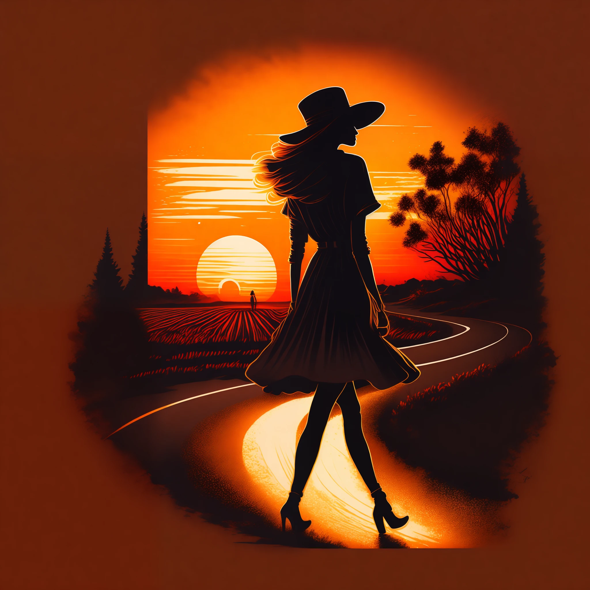 T-shirt design,Hand drawn illustrations, A beautiful woman with a hat walking in the road,Sunset，shadings