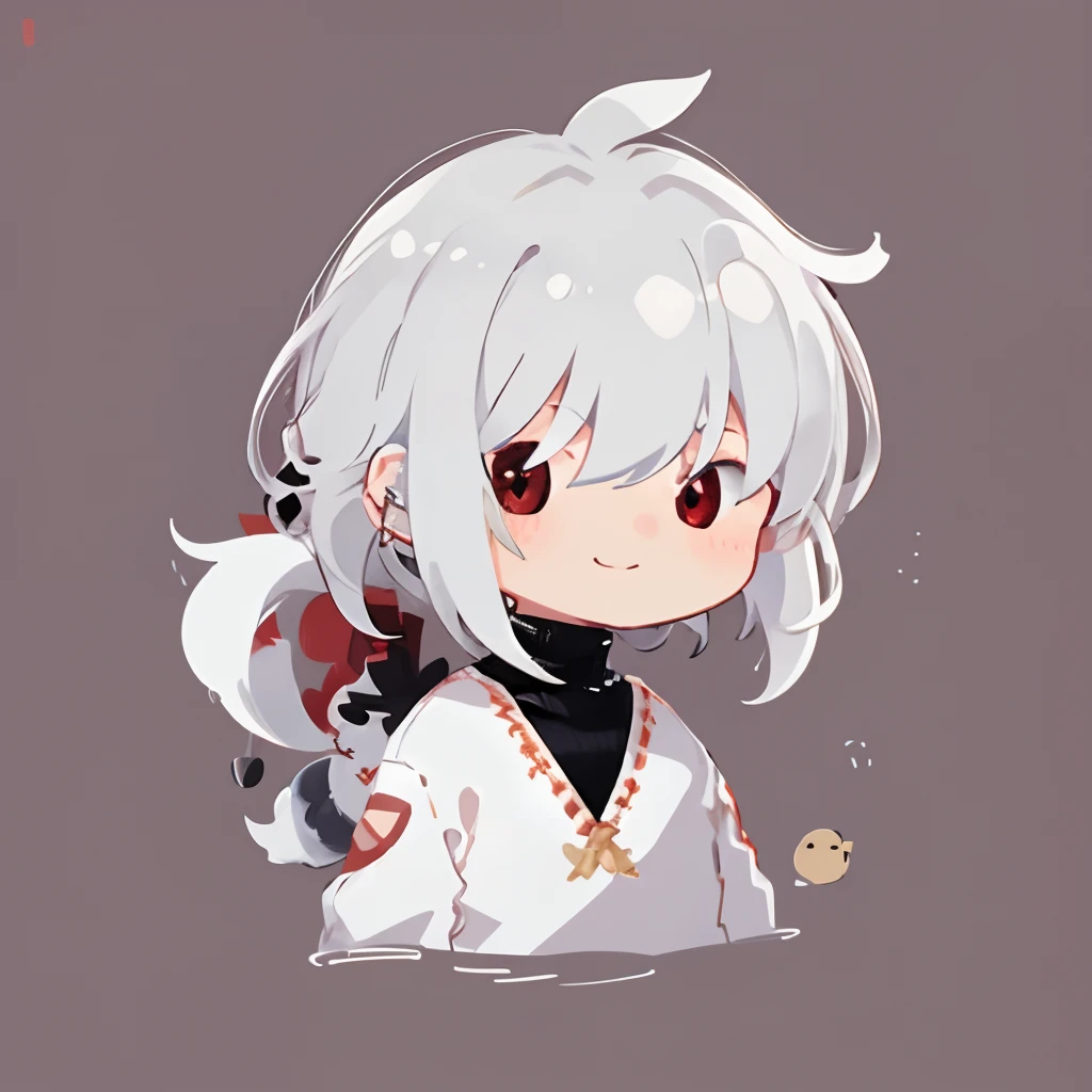 Flat avatar， 1boy， 独奏， soft_smile， upper_body，tchibi， simple backgound，White gray hair， Turtleneck sweater
hairpin，long whitr hair，Red eyes，adolable