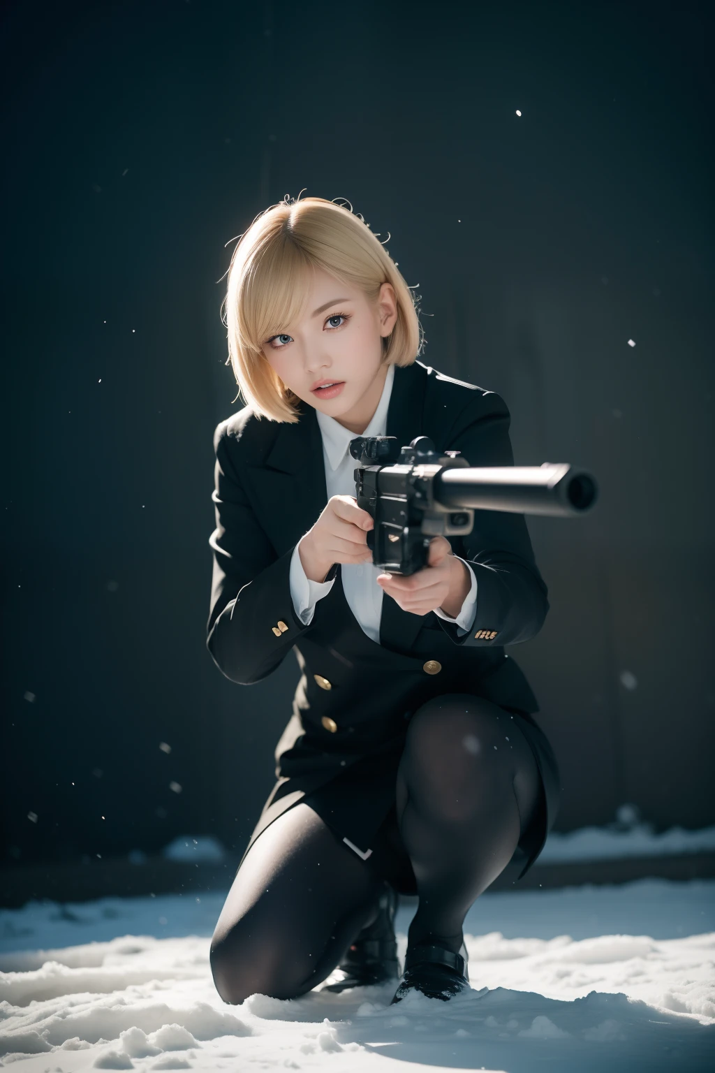 （（Squat on one knee，Shooting status with a rifle in hand）），Wild snow，((Masterpiece:1.2, Best quality)),Movie,offcial art,promotional art,movie wallpapers,（A blonde girl is in ）, （White suit dress，Double-breasted style，Pleated skirt hem）,Uniform cover， Exposing thighs,185cm. Shot in the snow in cinematic style,  The color temperature is cool，Slightly bluish tint, Convey a feeling of indifference and tension. The lighting is dramatic，There are harsh shadows and highlights, . Shot with a Sony A7R IV camera，The aperture is f/2.8, ISO 1600, a shutter speed of 1/200th of a second. UHD dtm HDR 8k.