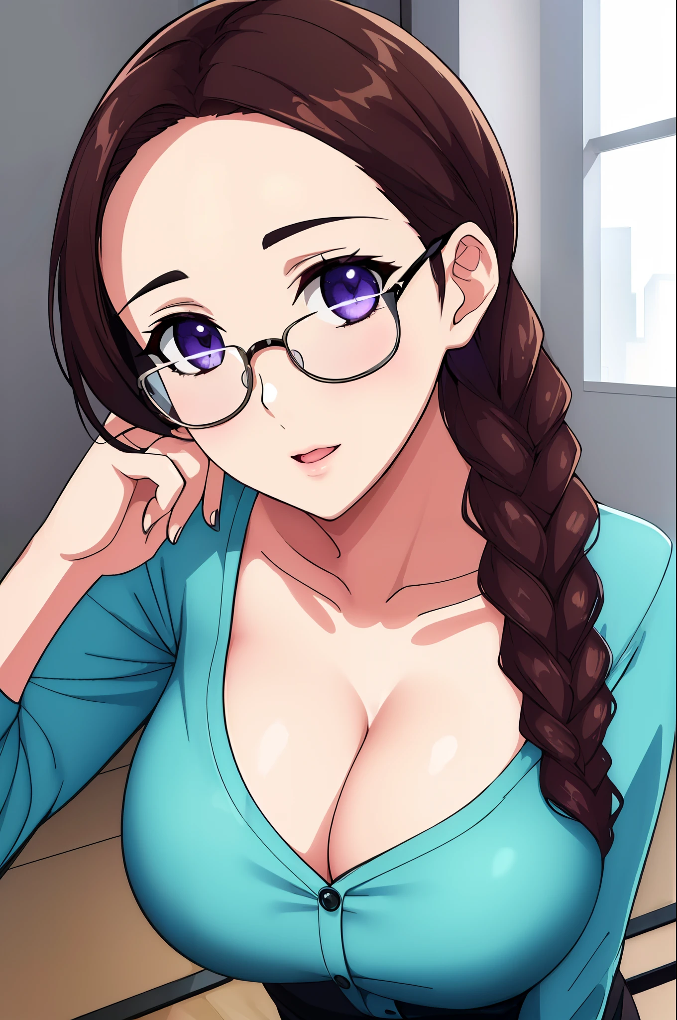 (Night:1.7), Modern apartment, high rise, CityView, Before Window,
Standing at attention,Hands Down,
Green shirt,long sleeves, cleavage, collarbone,
Glasses,brown hair,purple eyes,braid,single braid,yellow hair ornament,
1 girl, 20yo,Young female,Beautiful Finger,Beautiful long legs,Beautiful body,
Beautiful Nose,Beautiful character design, perfect eyes, perfect face,expressive eyes,
looking at viewer, in the center of the image,(Upper_body),(Focus on her face),
official art,extremely detailed CG unity 8k wallpaper, perfect lighting,Colorful, Bright_Front_face_Lighting,shiny skin,
(masterpiece:1.0),(best_quality:1.0), ultra high res,4K,ultra-detailed,
photography, 8K, HDR, highres, absurdres:1.2, Kodak portra 400, film grain, blurry background, bokeh:1.2, lens flare, (vibrant_color:1.2)
(Beautiful,large_Breasts:1.4), (beautiful_face:1.5),(narrow_waist),