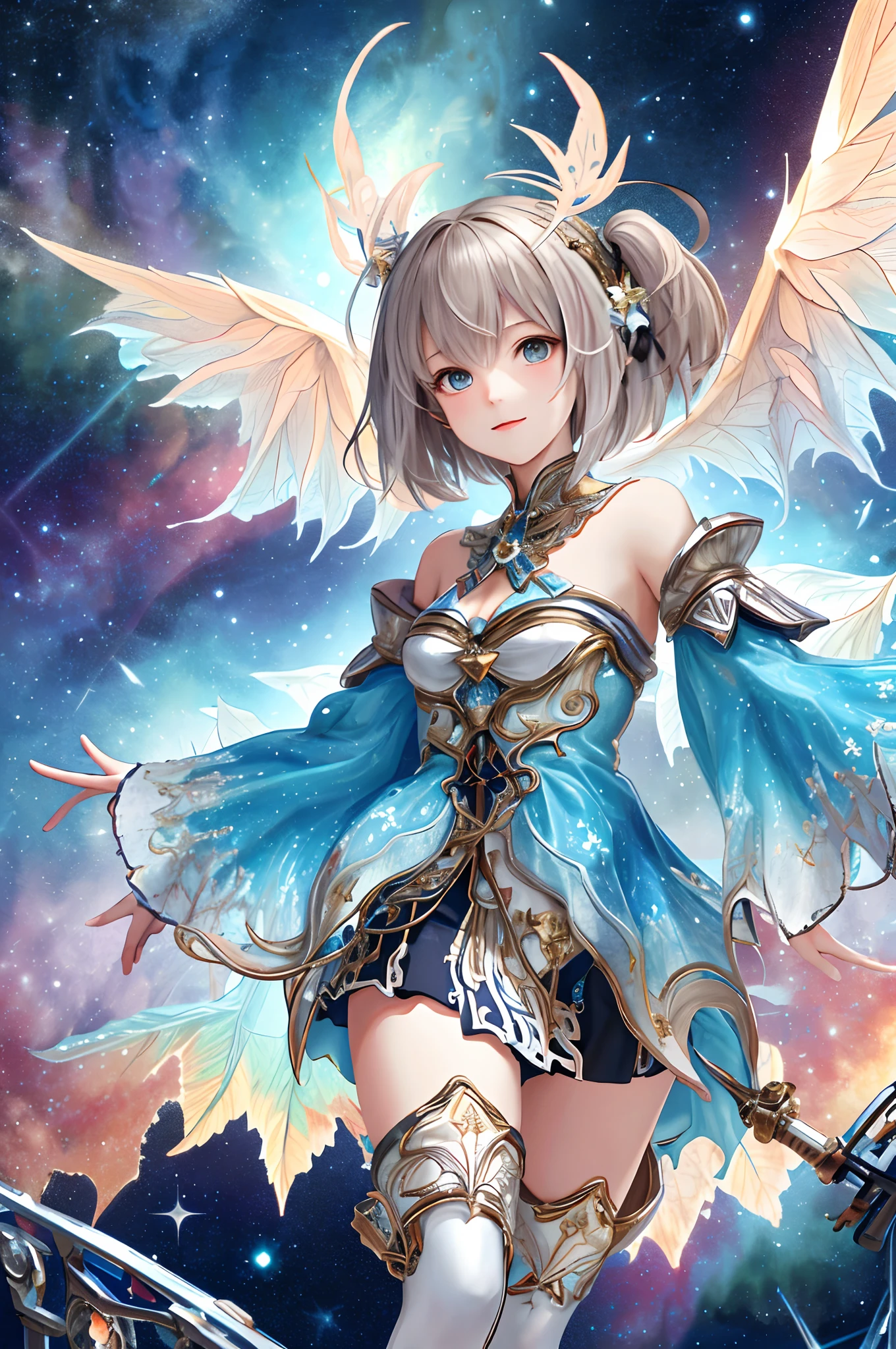 1girll, adolable, ultra - detailed, (s fractal art:1.4), rich colourful, detailed back ground, (Fractals in the background:1.2), Space and stars, Wings, hight contrast, Ray traching, cinmatic lighting, (Start from the front:0.6)
