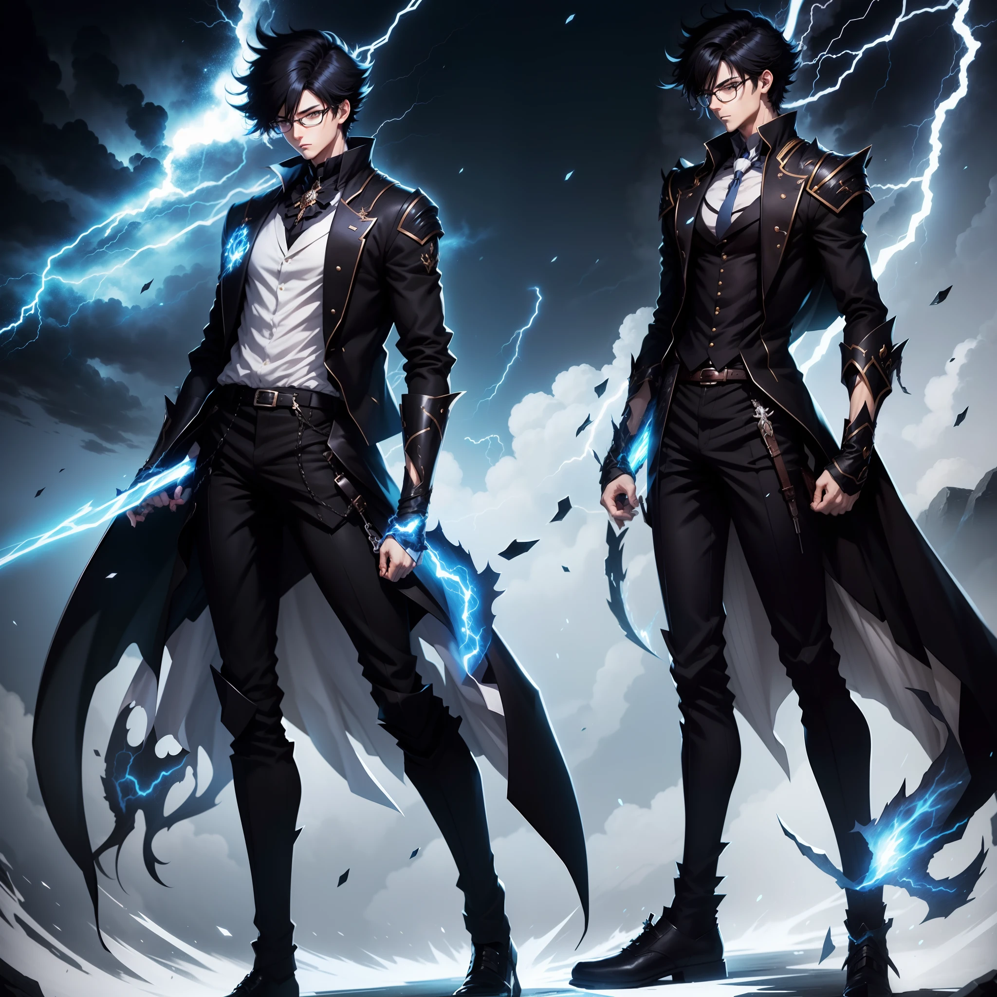 Anime - white man illustration style anime, black hair, short hair, blue eyes, elegant clothes, black clothes, anime art style, full body, thunder power, Reference Sheet, multiple poses , full body, male, high details, 8k, thin, slender, wolfs black and wihte, clock power, glasses