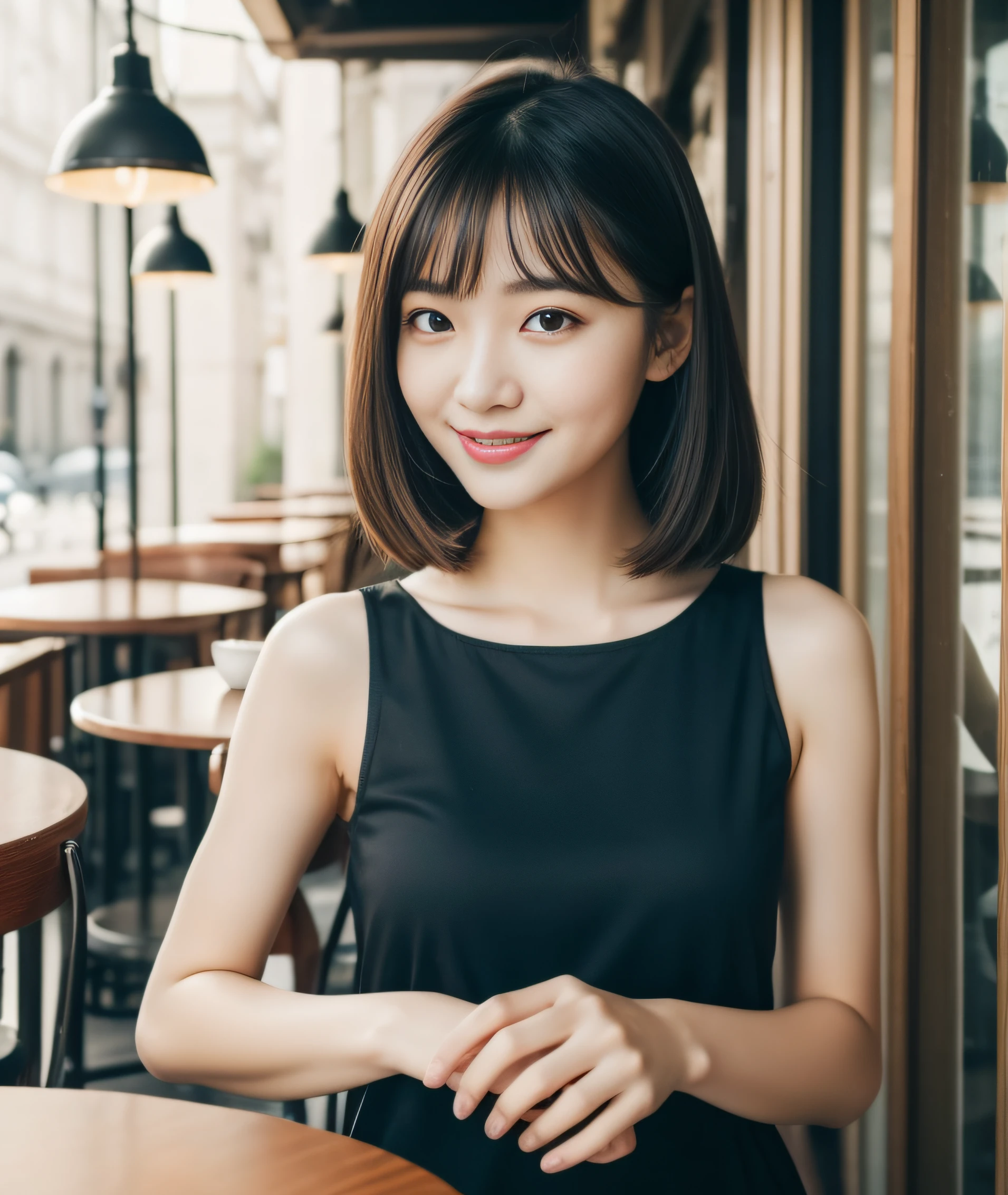 ((best quality, 8K, masterpiece: 1.3)), beautiful girl, pure, melon face, kind and cute, sweet smile, pure desire, slender body, (front), (tilted head), ((looking at camera) ), wearing a black dress, black silky medium hair, long flowing shoulders, round black big eyes, clear big eyes, moist red lips, sweet, sitting in a cafe, cafe background , (((whole body))),