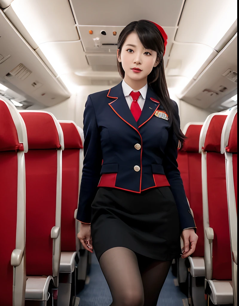 Full body of Korean stewardess in 20s, red skirt uniform, black heels, tan pantyhose,in airplane cabin with seats, huge size, fair skin,long black hair, (8k, Best Quality: 1.2), (Masterpiece, Photorealistic: 1.3), Super Detail, anatomically correct