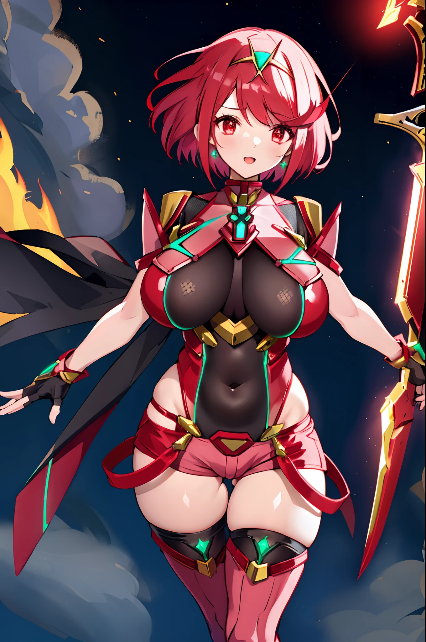 pyra \(xenoblade\), teen_1girl, armor, bangs, black gloves, breasts, red eyes, closed mouth, earrings, eyelashes, fingerless gloves, floating hair, framed breasts, gem, gloves, hair ornament, headpiece, jewelry, big_breasts, leaning back, leotard, neon trim, official art, pose, red hair, red shorts, saitou masatsugu, short hair, short shorts, short sleeves, shorts, sidelocks, skin tight, solo, standing, swept bangs, thighhighs, tiara, night_prairie_background, turtleneck, underbust, vambraces, xenoblade chronicles \(series\), (xenoblade chronicles 2), apart_legs, fire_effect,dynamic_pose,fighting,light_smile, (plump:1.1), big_ass,huge_sword, hold_large_sword_hilt, solo, covered_nipples, covered_pussy,open_mouth,back_view, fists,