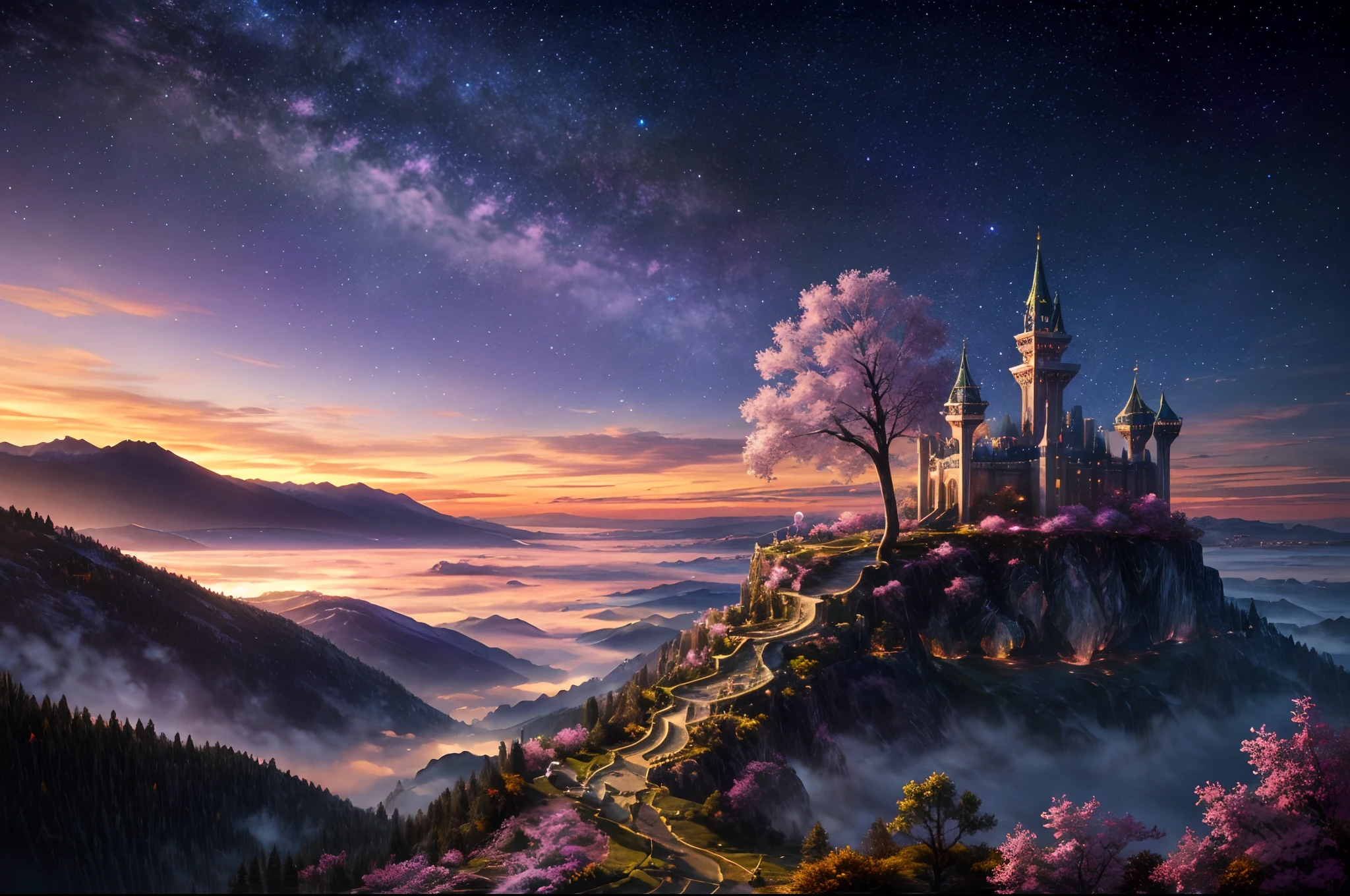 Generate a realistic fantasy landscape with beautiful, ornate romantic buildings, floating islands, crystalline waterfalls streaming from the floating islands, and a dreamy landscape of highly detailed flowers and dreamy watercolors. This is the (((romantic))) realm of the gods. (((The castles look like they are carved from shimmering marble, with distinct and complex details adding to their realism.))) Cotton candy clouds wisp into beautiful glittering stars across the colorful sky, with mesmerizing pink and purple celestial lights creating an enchanting atmosphere. Include many different levels and high visual interest. The environment is large and awe-inspiring, and this is a macro shot. The general ambience is peace, tranquility, and highly detailed sweetness. Include interesting fantasy elements with colors that complement the rest of the landscape. The sky should be very detailed. The landscape should very detailed. All buildings should be ornate with complex and intricate details. Include a luminous and magical atmosphere, magic bubbles, shimmering colors, many small fantasy details including iridescence, expertly created majestic landscapes, and shimmer and glimmer. Include lots of vibrant colors and vaguely surreal details. Camera: Utilize dynamic composition to create interest and excitement. CGI, unreal engine, unity engine, (((masterpiece))), high resolution, 8k, best quality, high quality, highres, 16, RAW, ultra highres, ultra details, finely detail, an extremely delicate and beautiful, extremely detailed, real shadow, anime, highly detailed painted, award-winning glamour painting, wonderful painting, art style, stylized