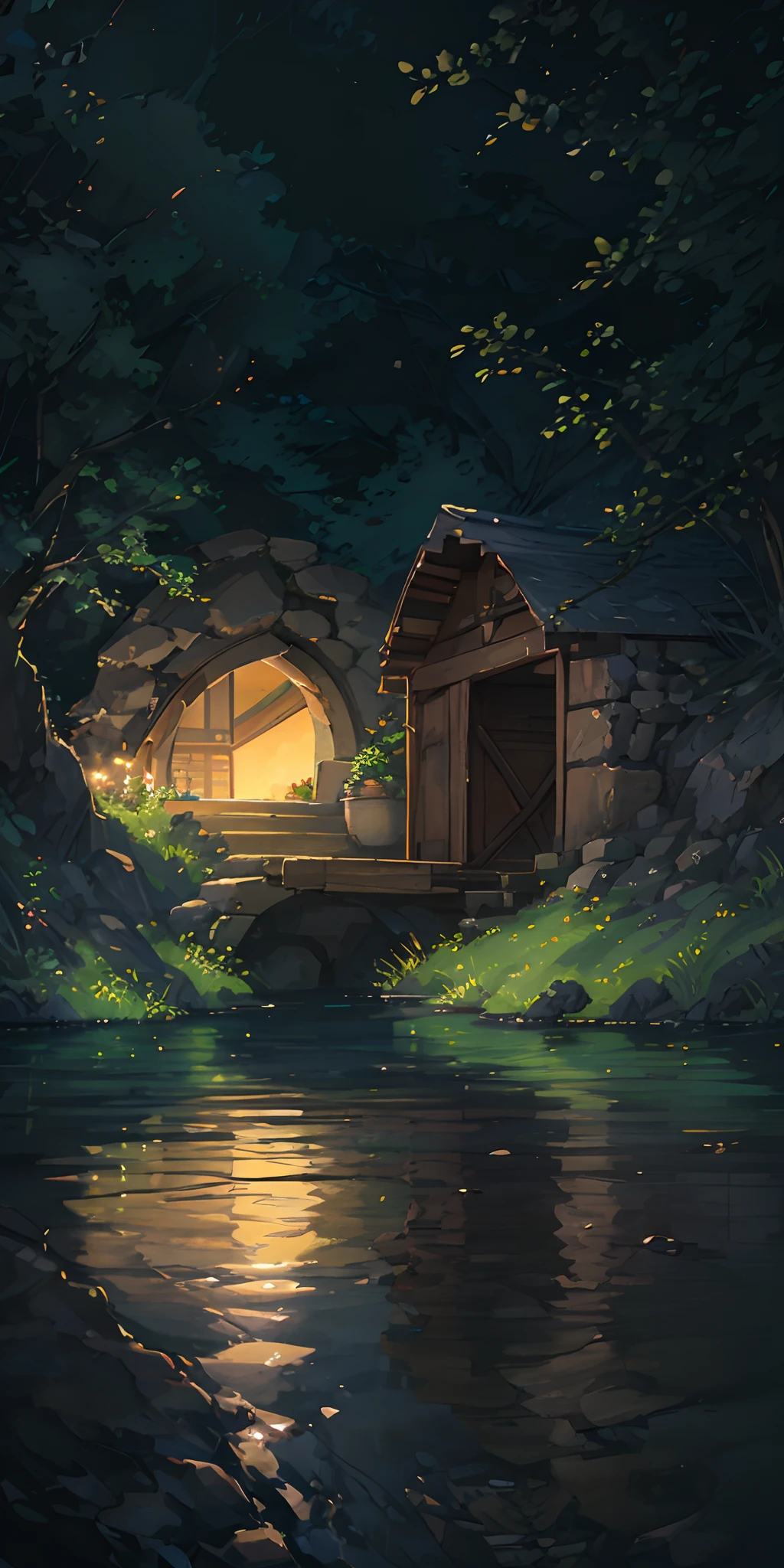 spring, Forest, lake, cave, waterfall, tree, meadow, rock, hot spring, water vapor, (illustration: 1.0), epic composition, realistic lighting, HD details, masterpiece, best quality, (very detailed CG unified 8k wallpaper)