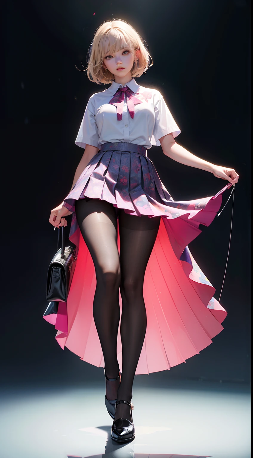 (full body:1.5),(looking at viewer:1.4),(anatomy correct:1.3),(In the paradise of the day:1.3),(Wearing Very thick Printed Pantyhose and JK Student Dress Printed Pleated Skirt and JK uniform leather shoes :1.3), (A high jump posture:1.3),(In pink|amarelo|blue colors|green color|red colour|white colors|black in color|purpleish color|greys|Beige|Flesh color 1.4),,(Accurate and perfect face:1.4),(Clothing Gloss:1.25),(Skin reflection:1.25),hyper HD, Ray traching, reflective light,structurally correct, Award-Awarded, high detal, lightand shade contrast, Face lighting,cinmatic lighting, tmasterpiece, super detailing, high high quality, high detal, best qualityer, 16k,high contrast,