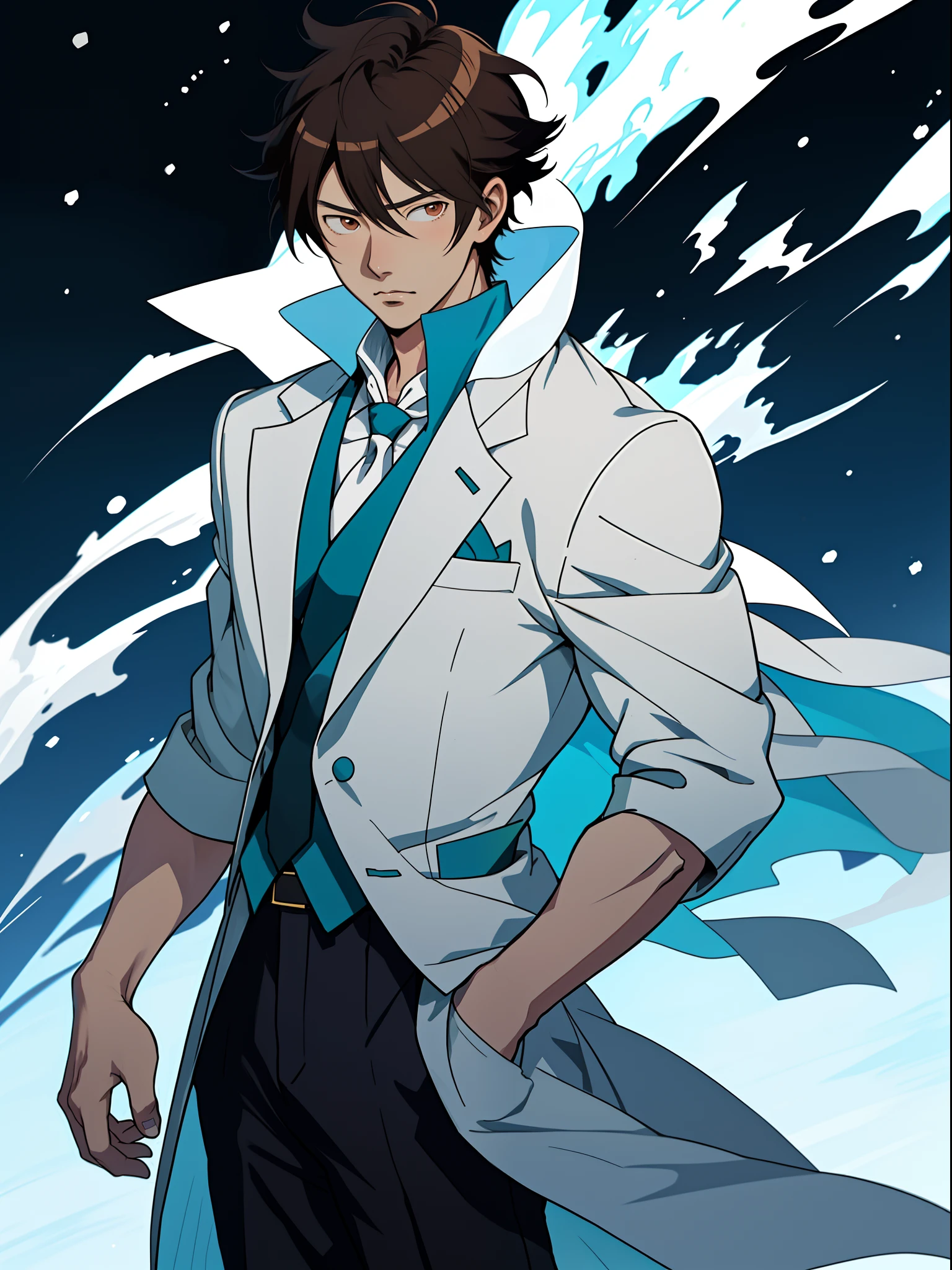 Anime image of a brown-haired man in a white suit and blue tie standing in the snow, Shinkai sincerely, New Xiangcheng, Honest, ryuta ueda artwork, offcial art, Anime handsome man, inspired by Hisui Sugiura, koyoharu gotouge, inspired by Okumura Togyu, hijikata toushirou, makoto kano
