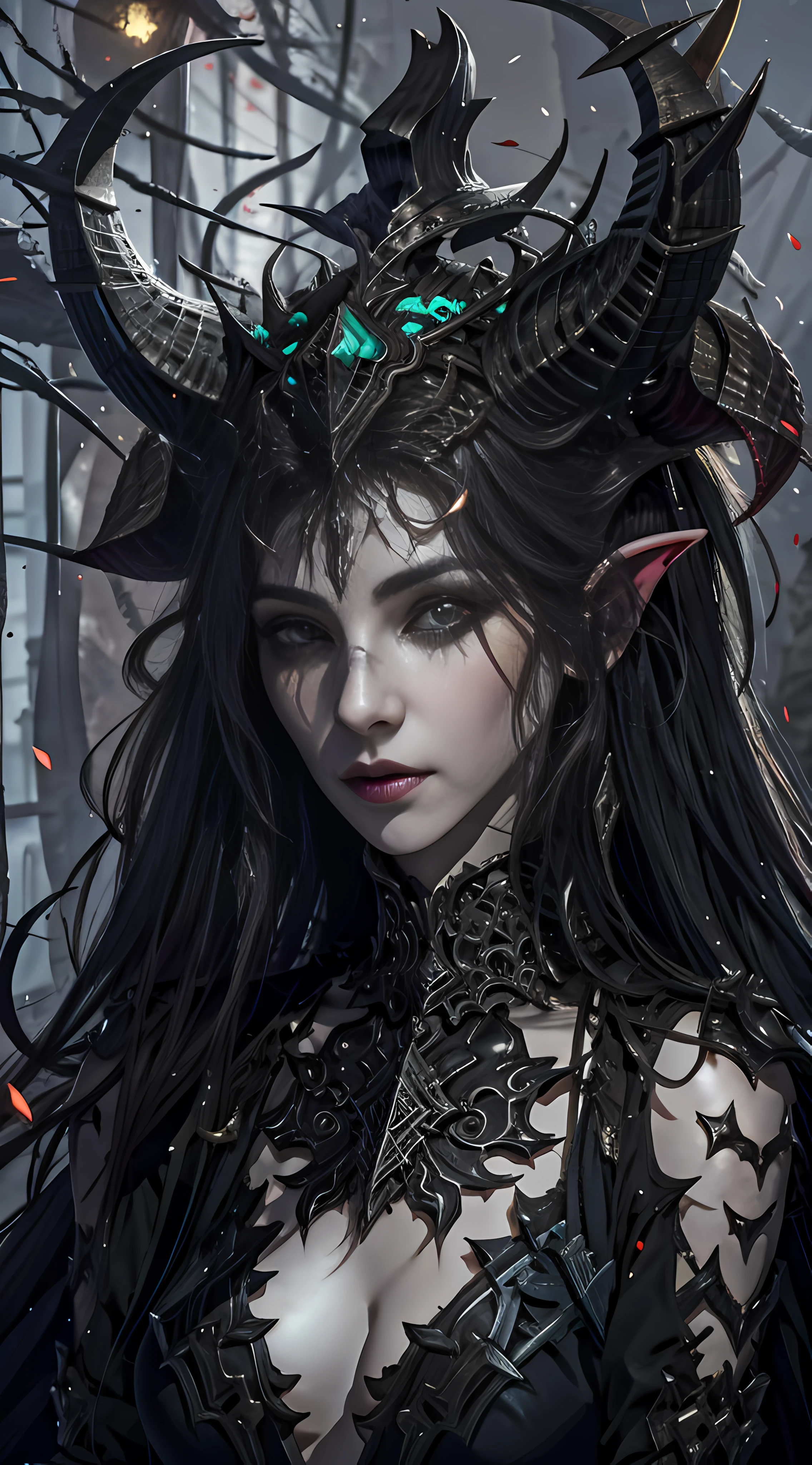 Araved woman wearing a crown of horns and thorns, portrait of a dark fantasy nymph, intricate wlop, dark fantasy portrait, Guviz-style artwork, dark fantasy style art, Phlegm sputum, phlegm |, detailed matte fantasy portrait, by Yang J, Inspired by WLOP, Guviz, Phlegm phlegm art, guillem h. pongiluppi