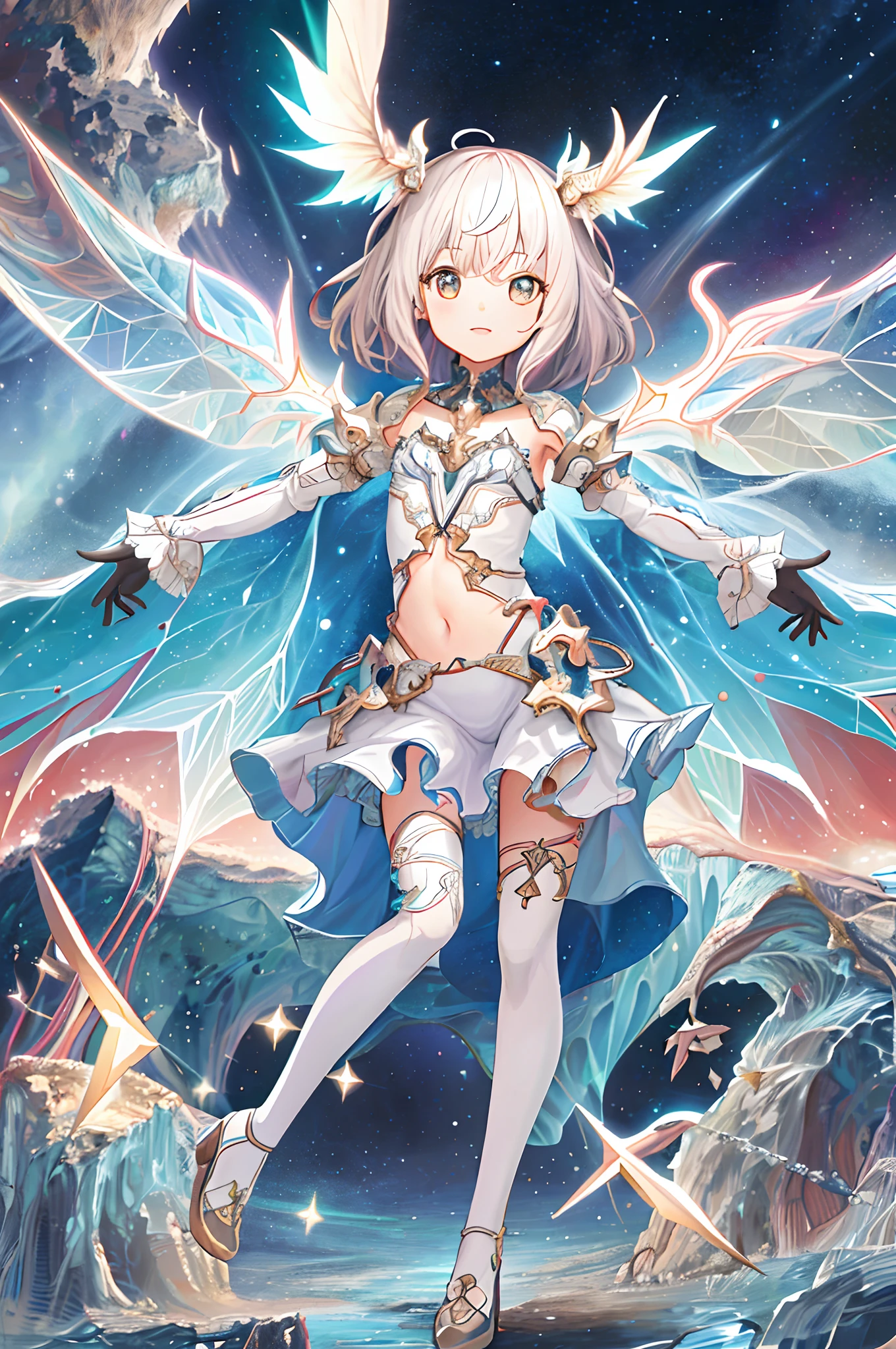 1girll, adolable, ultra - detailed, (s fractal art:1.4), rich colourful, detailed back ground, (Fractals in the background:1.2), Space and stars, Wings, hight contrast, Ray traching, cinmatic lighting, (Start from the front:0.6)