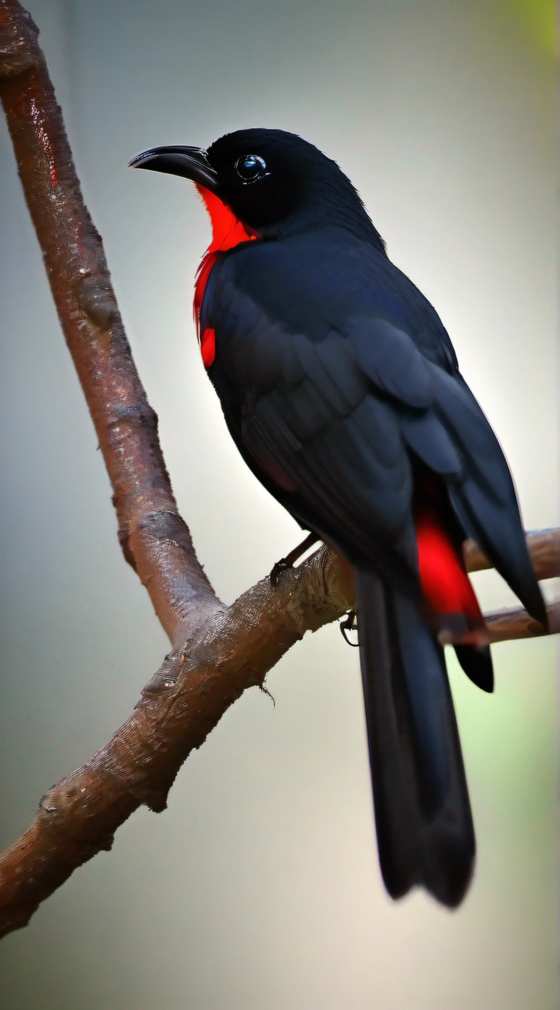 There is a black bird with a red chest sitting on a branch, bico preto longo e espesso brilhante, jovem do sexo masculino, foto de closeup, avian, rare bird in the jungle, red bird, vermelho - olhos, olhos vermelhos, adulto jovem masculino, dynamic closeup, foto de retrato, Foto de quadro completo, um ombro largo, is looking at a bird, Directed by: Robert Brackman, imagem ultra realista