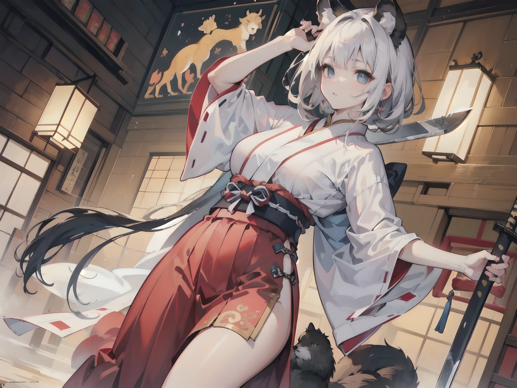 (Photorealsitic:1.4), fullllbody, Dynamic Angle, 1girl in, ((独奏:1.8)), (beautifully detailed eyes), (beautiful and detailed face), Perfect female body, (neat figure:1.2), Slender waist, (18year old),Very big eyes, watery lips, (Sober haori hakama:1.4),(Red neckband and black gauntlet),(Japan Pulling the sword out of its sheath:1.4),(top-quality), (ultra-detailliert), (masuter piece), (hight resolution), (Original), (the Extremely Detailed CG Unity 8K Wallpapers), Character Design, Game CG, Detailed Manga Illustration, Realistic head-to-body size ratio:1.2