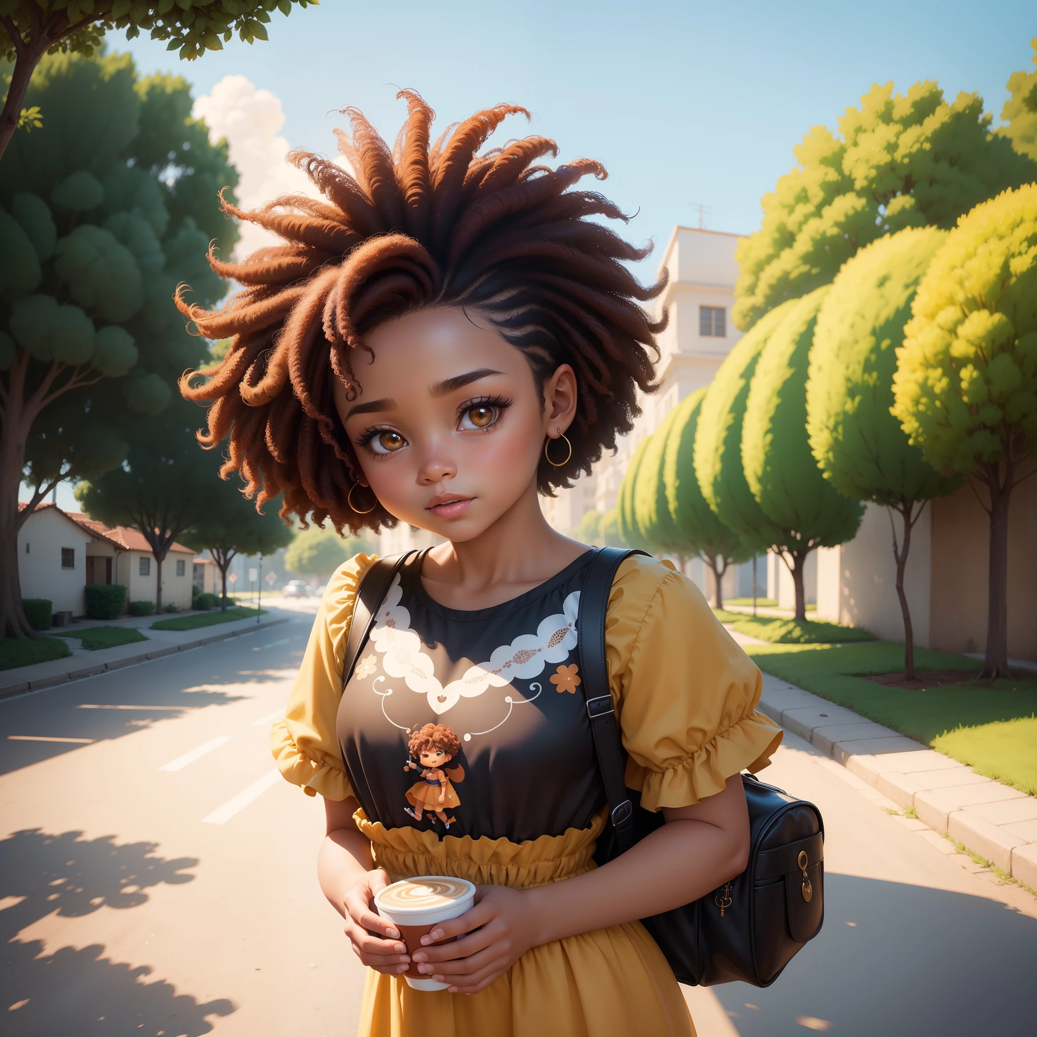 (Estilo pixar) Chibi cor marrom:3, coffee color:2 queimado pelo sol, feliz de 15 anos (marrom:1) afro: 1.25 Estilo Pixar: 1.25 afro: 2.40 (((sozinho))) cabelos cacheados: 2.3, (corpo inteiro: 2.32) vestindo vestido floral sapato preto,, Hair messed up by the wind, desenho animado sentada numa rua da cidade, arte digital detalhada bonito, painting digital adorable, Cartoon style illustration, stylized digital illustration, stunning digital illustration, bela arte digital, arte de pintura digital dos desenhos animados, pintura digital dos desenhos animados 3D, Beautiful digital illustration, Arte infantil em Artstation, detailed digital illustration, arte digital detalhada, digital illustation, exquisite digital illustration, 8k